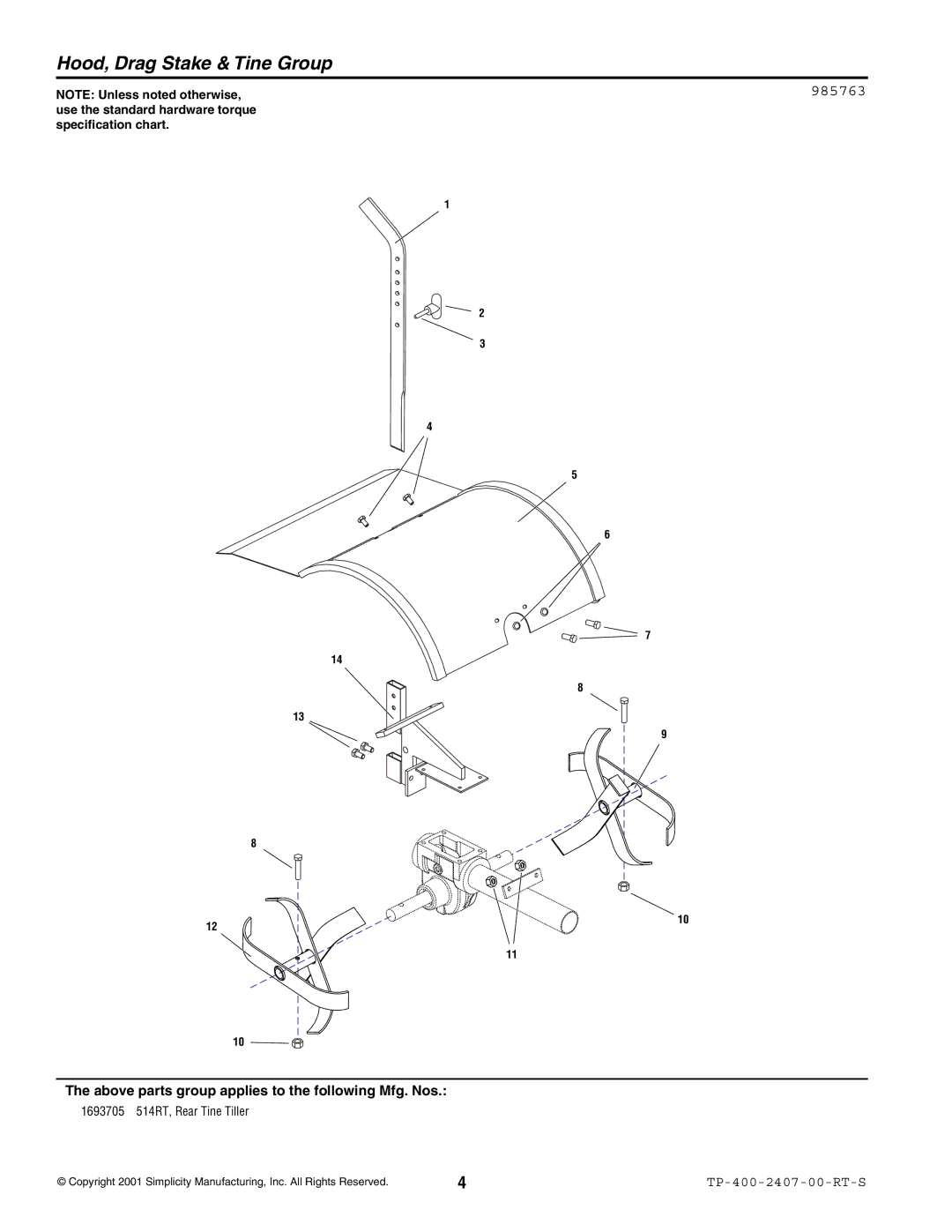 Simplicity 514RT manual Hood, Drag Stake & Tine Group, 985763 