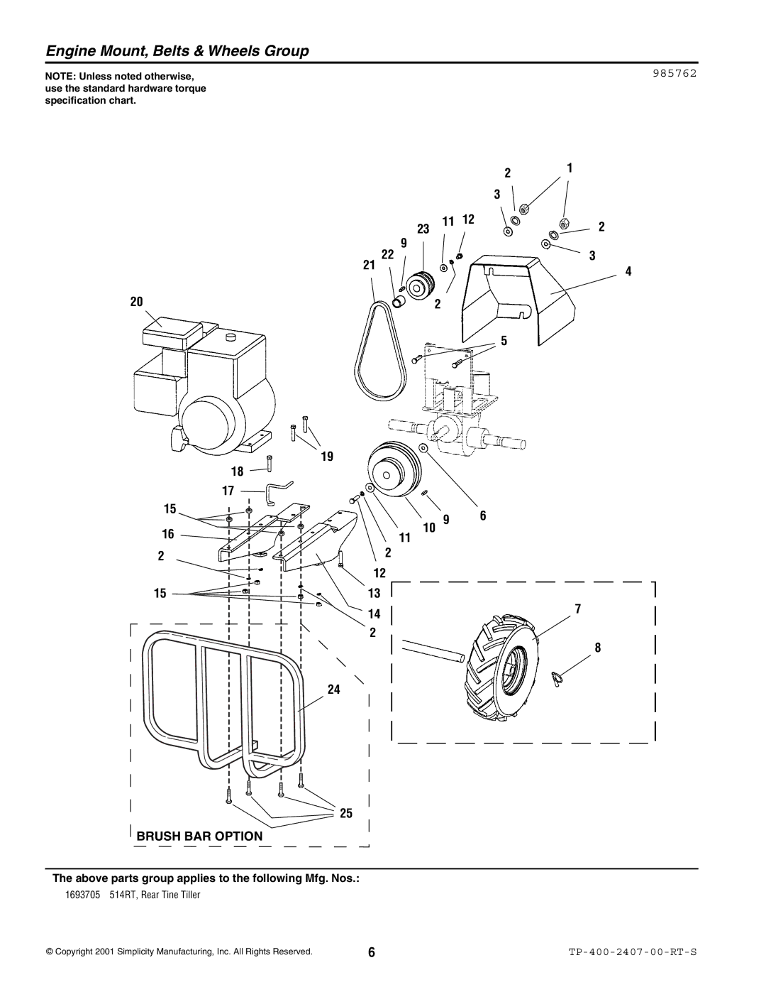 Simplicity 514RT manual Engine Mount, Belts & Wheels Group, 985762 