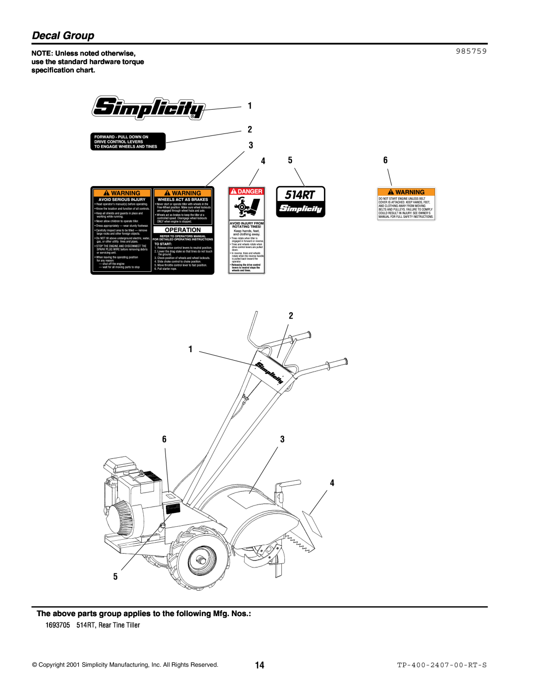 Simplicity 514RT manual Decal Group, 985759, TP-400-2407-00-RT-S 
