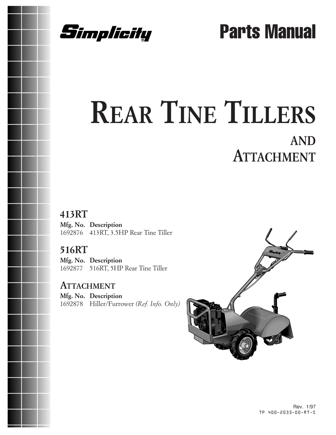 Simplicity 413RT, 516RT manual Rear Tine Tillers 