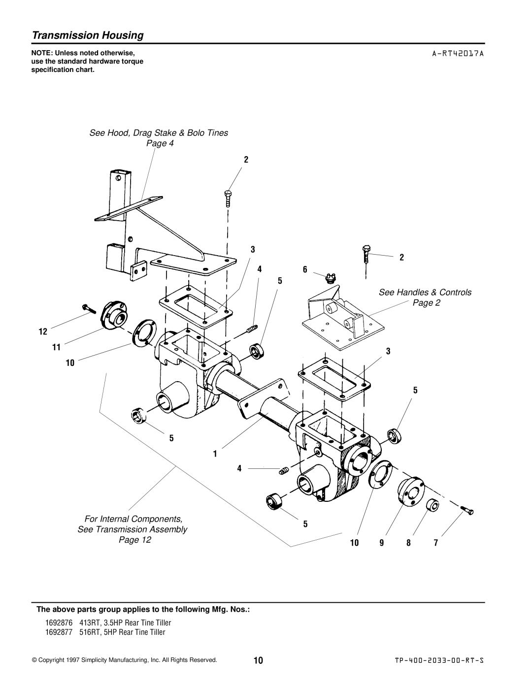 Simplicity 516RT, 413RT manual Transmission Housing, RT42017A 