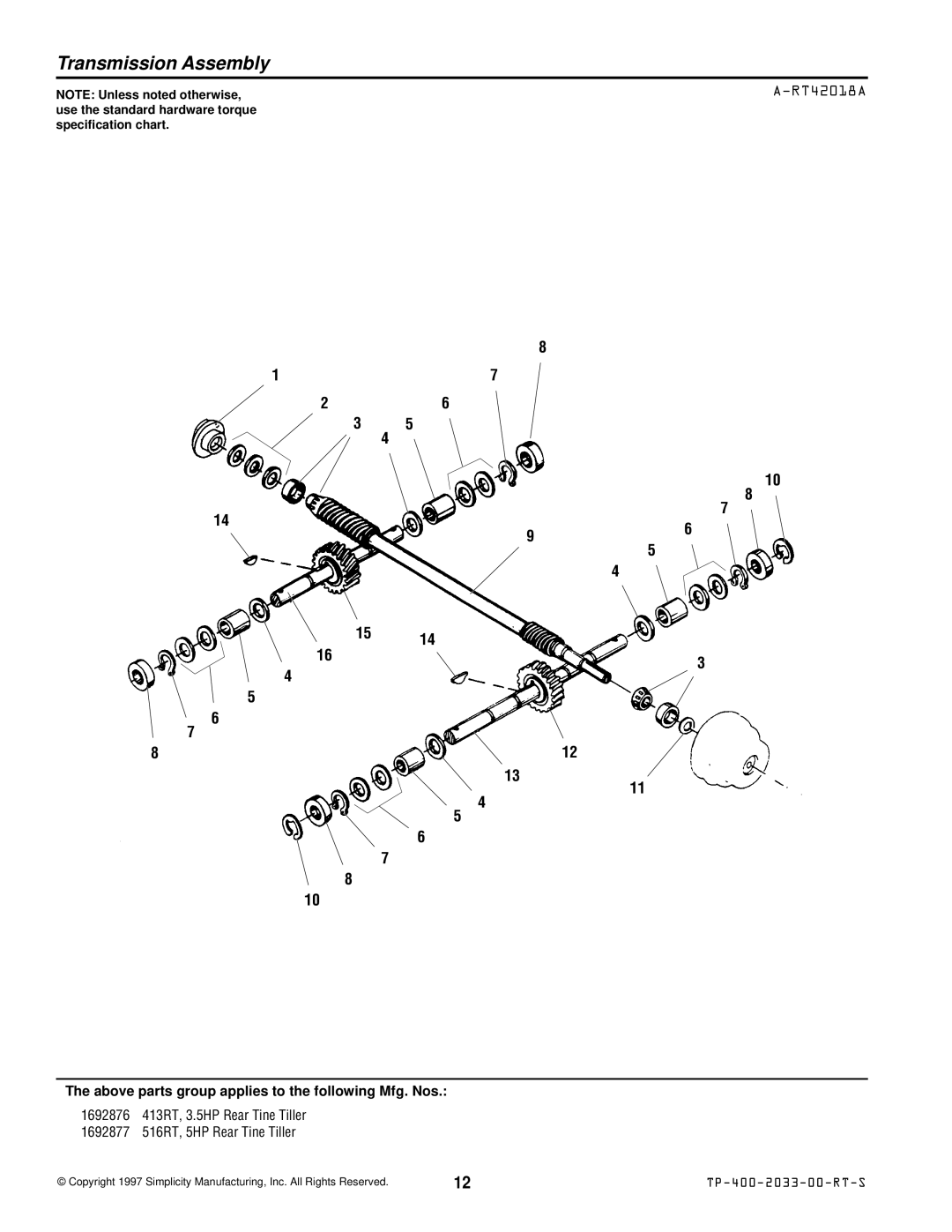 Simplicity 516RT, 413RT manual Transmission Assembly, RT42018A 