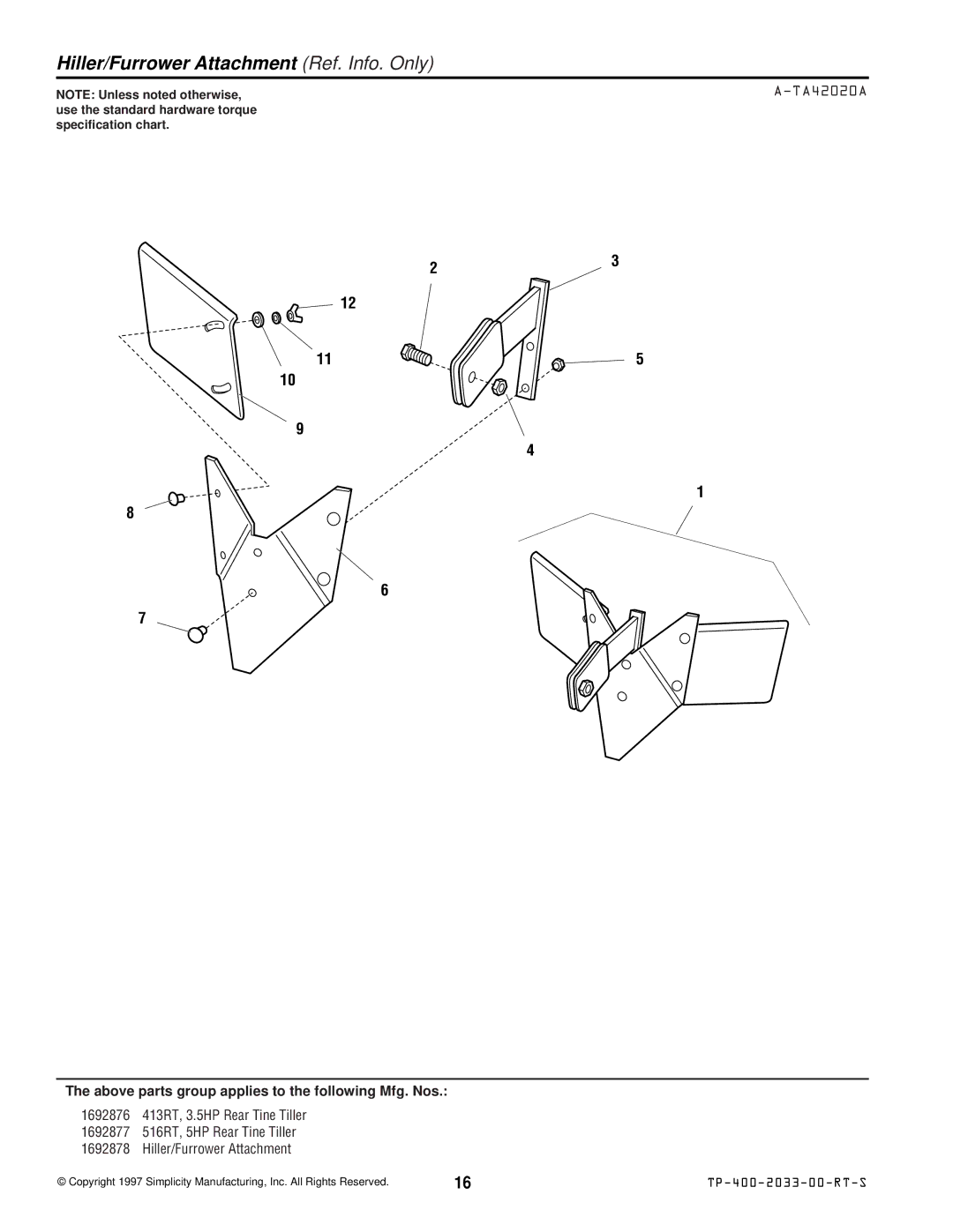 Simplicity 516RT, 413RT manual Hiller/Furrower Attachment Ref. Info. Only, TA42020A 