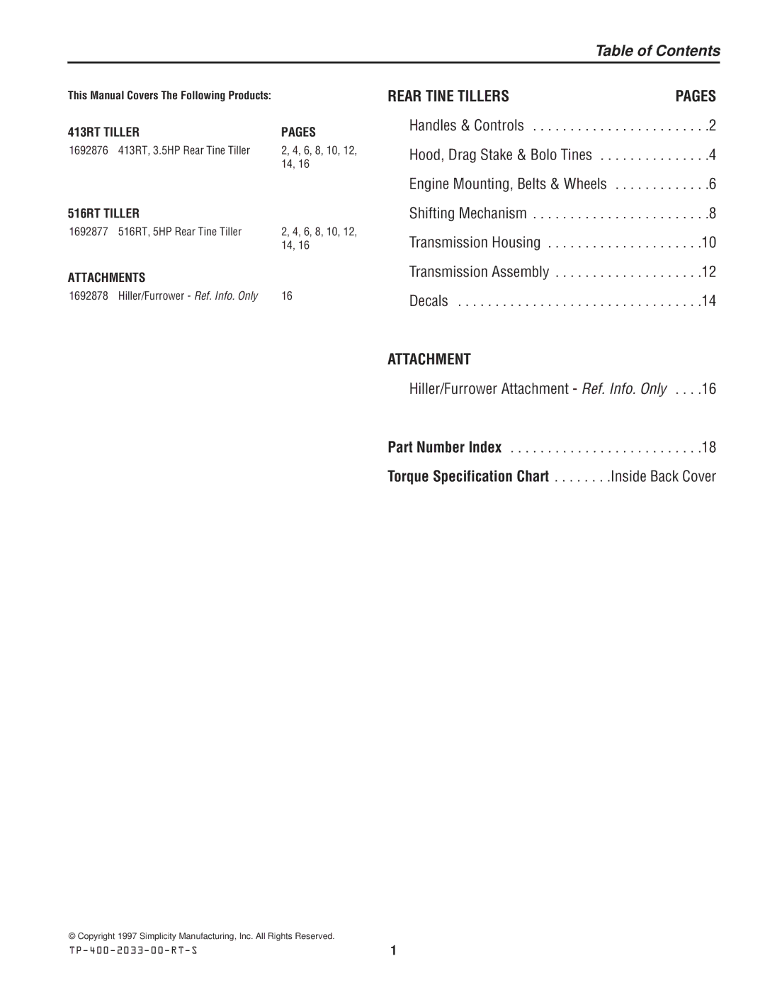 Simplicity 413RT, 516RT manual Table of Contents 