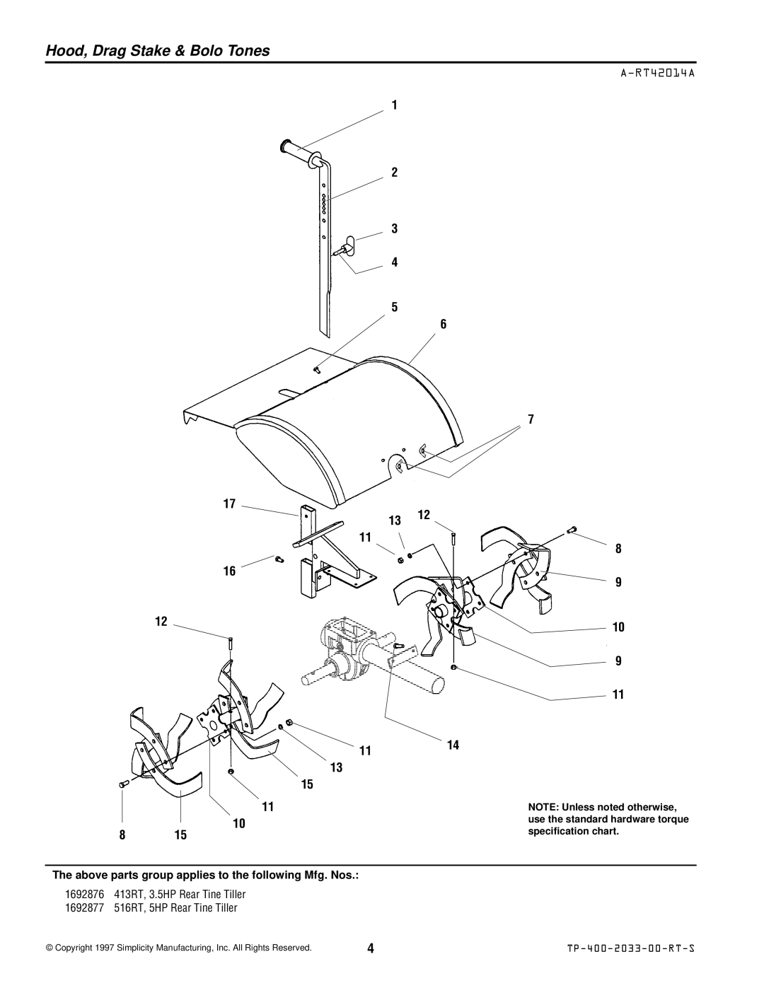 Simplicity 516RT, 413RT manual Hood, Drag Stake & Bolo Tones, RT42014A 