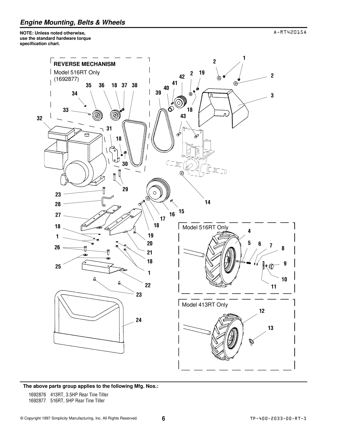 Simplicity 516RT, 413RT manual Engine Mounting, Belts & Wheels, Reverse Mechanism 