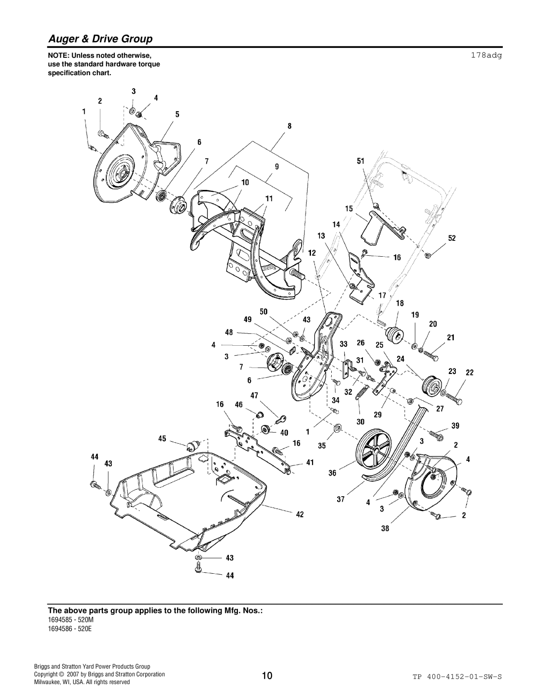 Simplicity 520 manual Auger & Drive Group 