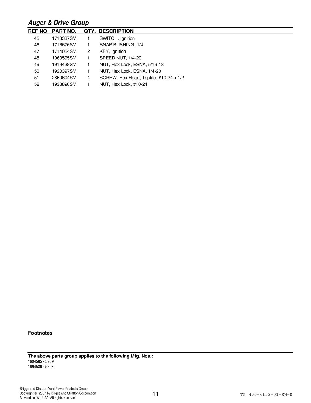 Simplicity 520 manual 1718337SM SWITCH, Ignition 1716676SM 