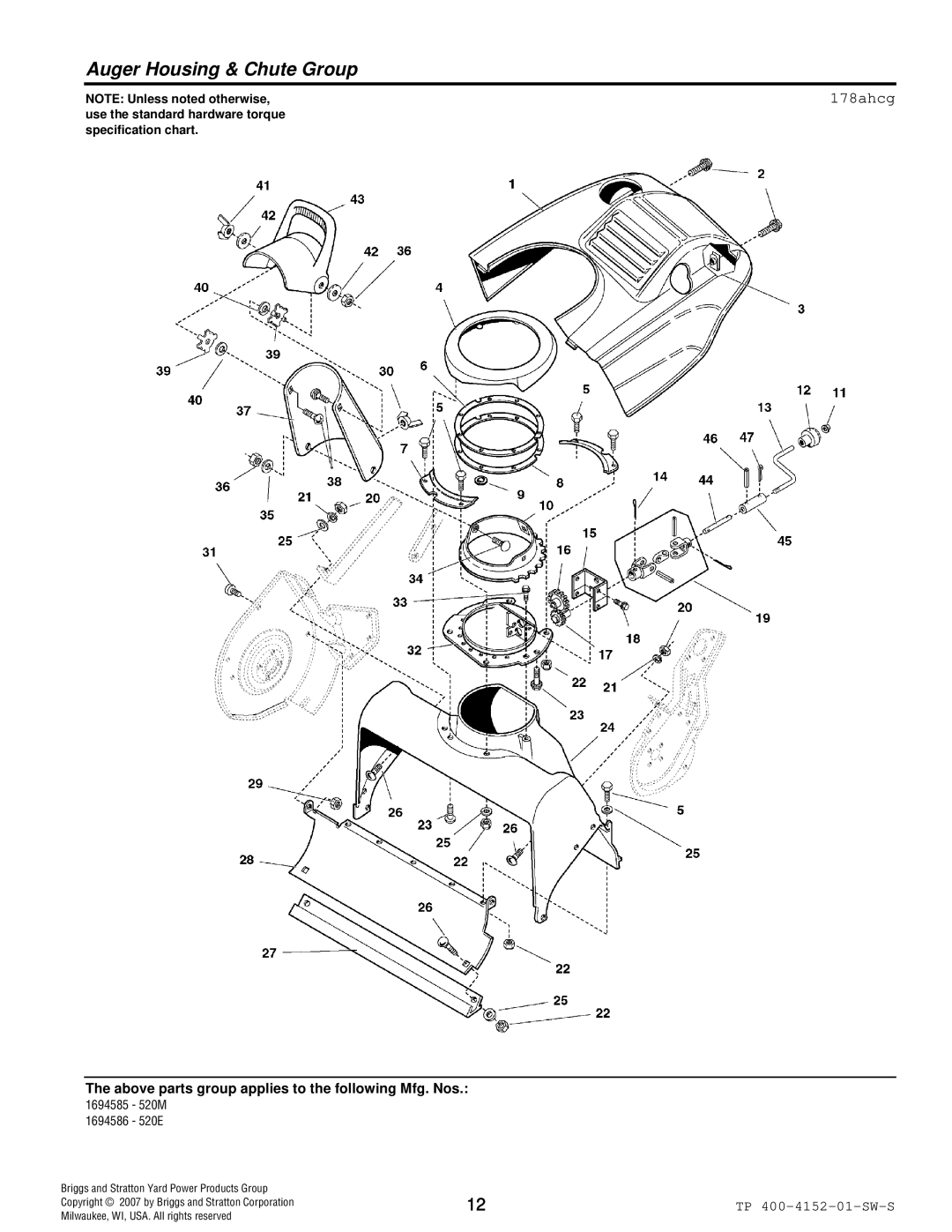 Simplicity 520 manual Auger Housing & Chute Group, 178ahcg 