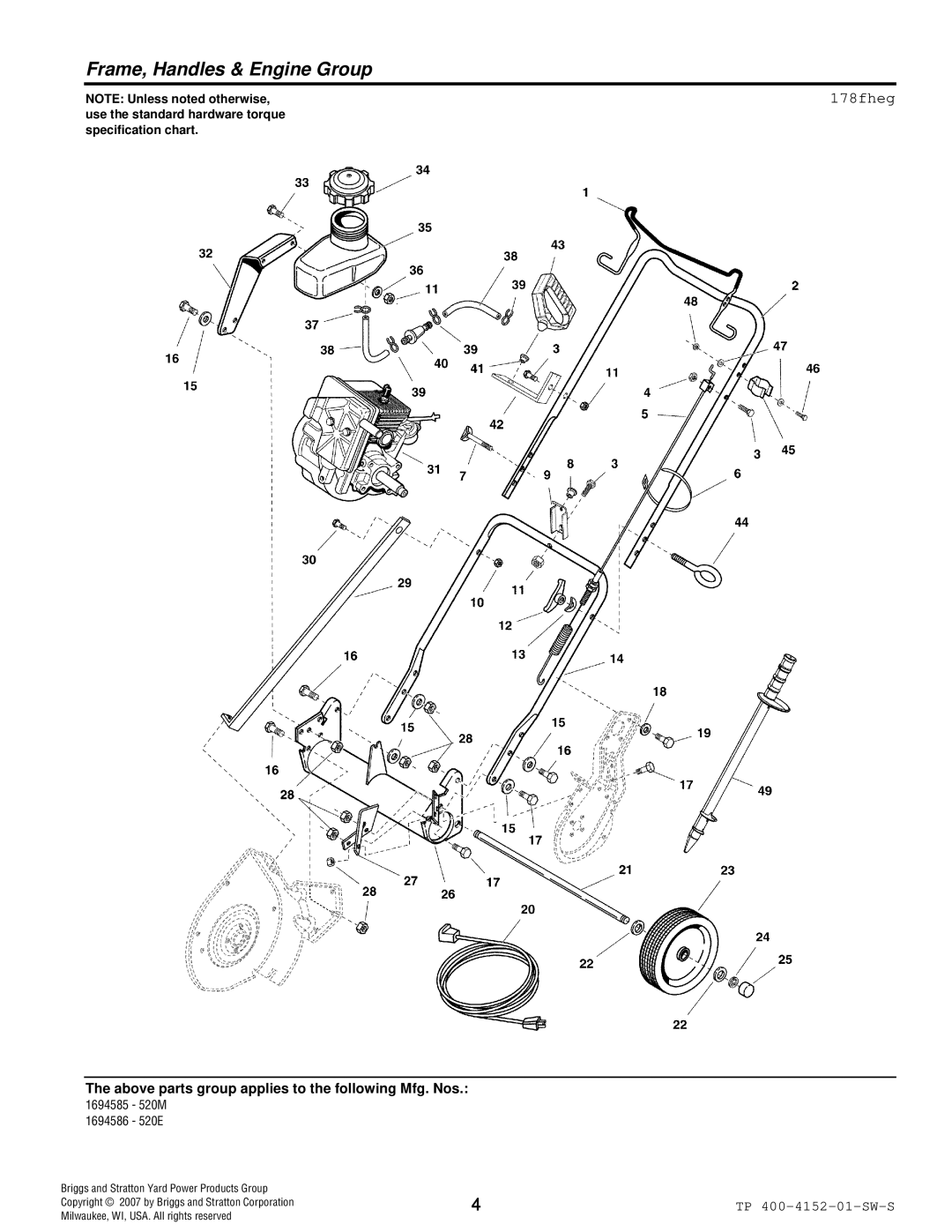 Simplicity 520 manual Frame, Handles & Engine Group, 178fheg 