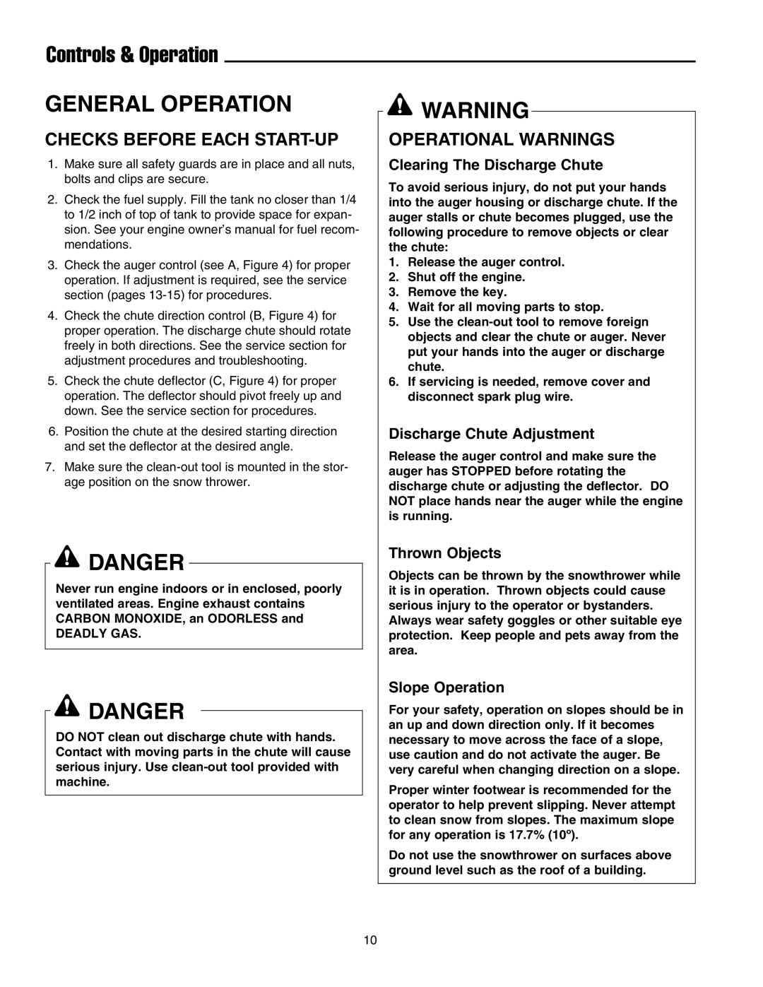 Simplicity 520M, 520E manual Checks Before Each START-UP, Operational Warnings 