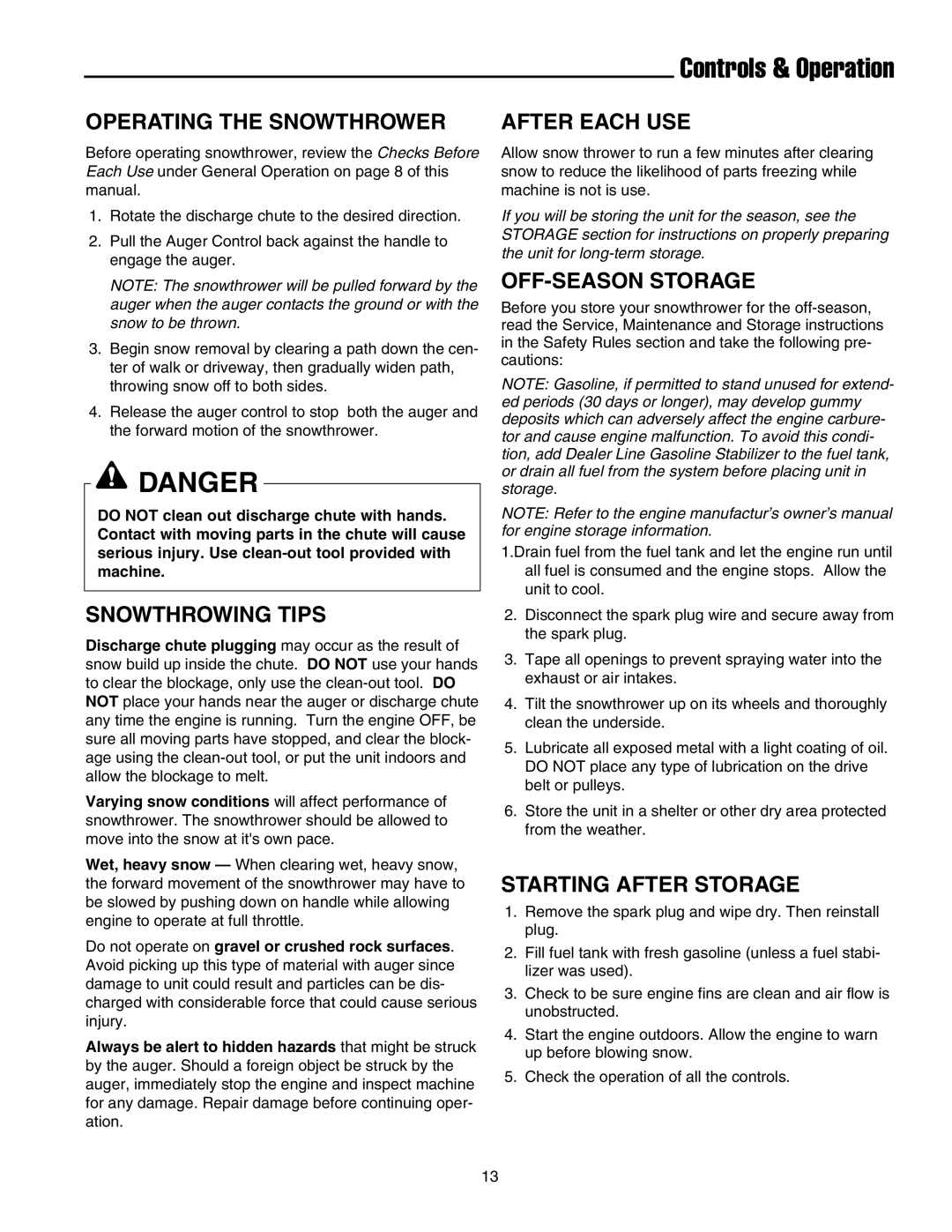 Simplicity 520M, 520E manual Operating the Snowthrower, Snowthrowing Tips, After Each USE, OFF-SEASON Storage 