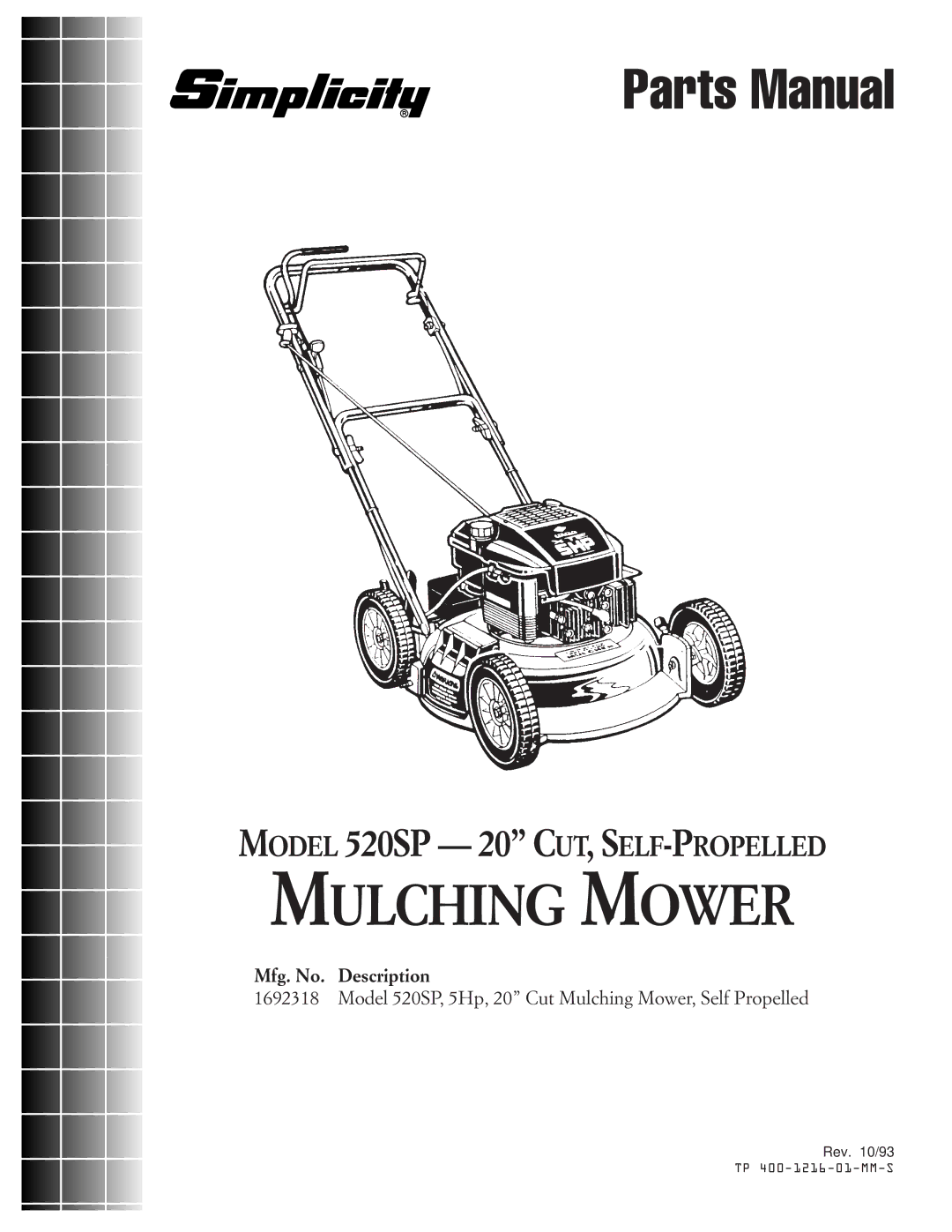 Simplicity 520SP manual Mulching Mower 