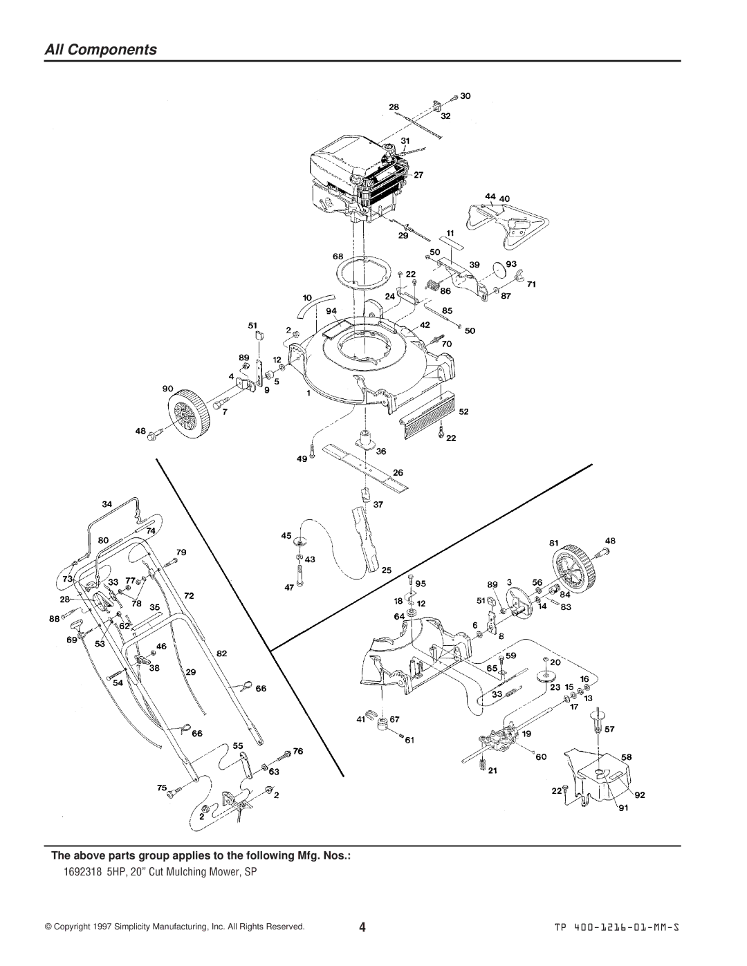 Simplicity 520SP manual All Components, Above parts group applies to the following Mfg. Nos 