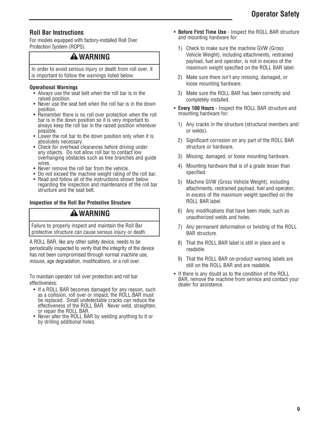 Simplicity 5101604, 543777-0113-E1 manual Roll Bar Instructions, Operator Safety, Operational Warnings 