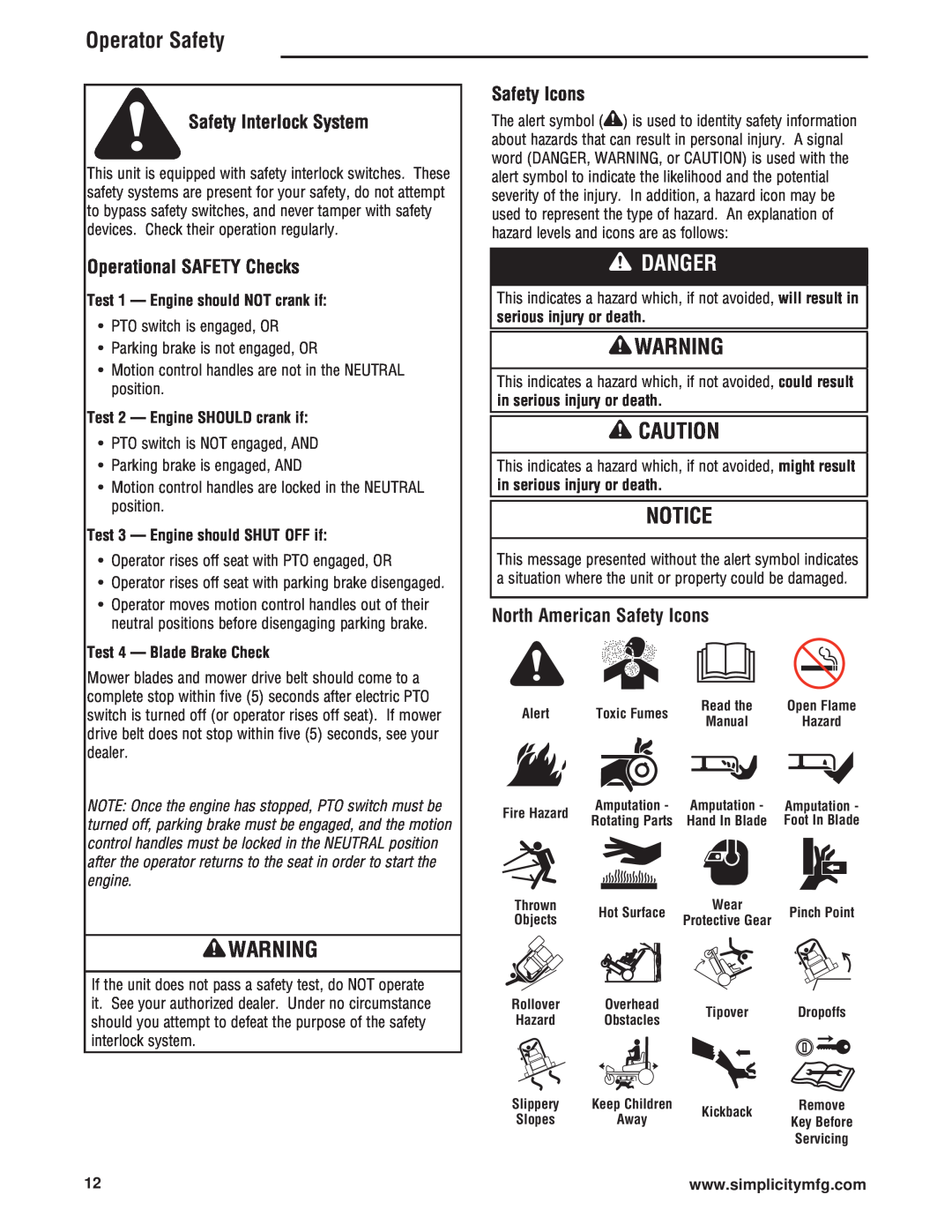 Simplicity 543777-0113-E1 Safety Interlock System, Operational SAFETY Checks, North American Safety Icons, Danger 