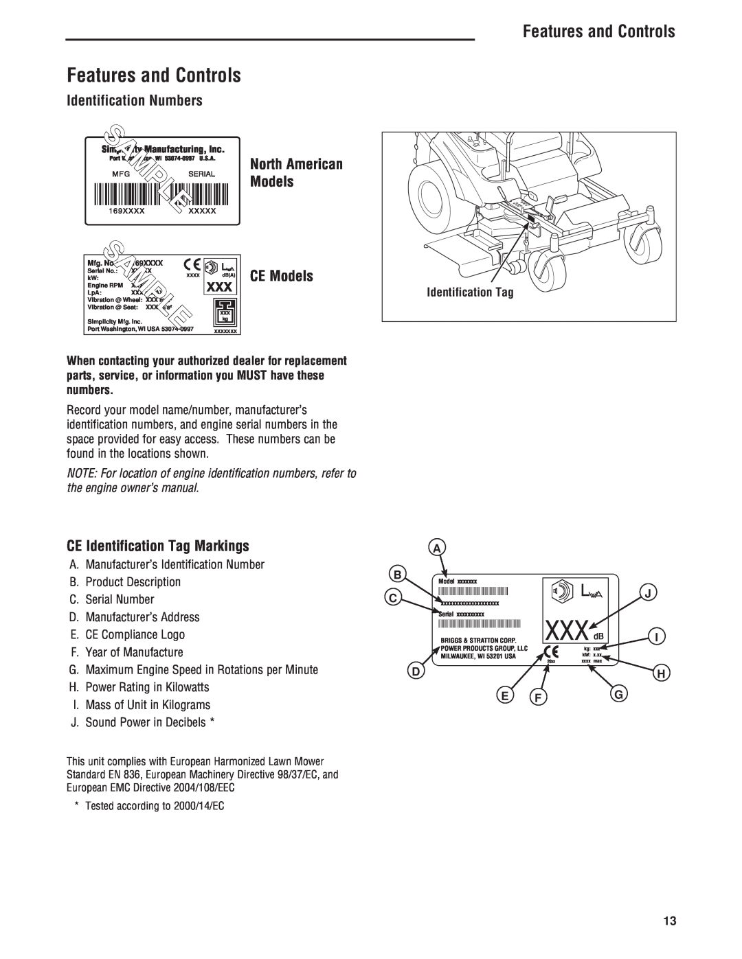 Simplicity 5101604 manual Features and Controls, Identification Numbers, CE Models, CE Identification Tag Markings, Sample 