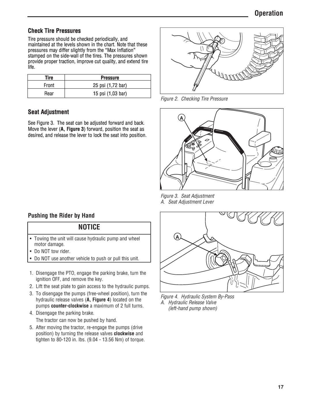 Simplicity 5101604 Check Tire Pressures, Seat Adjustment, Pushing the Rider by Hand, Operation, Checking Tire Pressure 