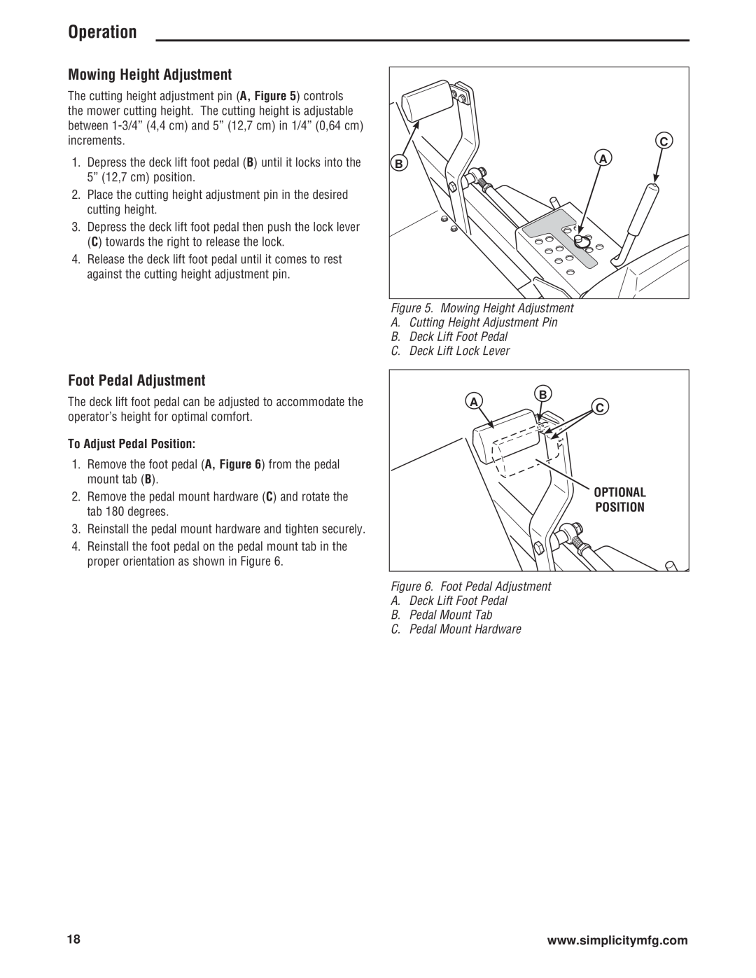 Simplicity 543777-0113-E1, 5101604 Mowing Height Adjustment, Foot Pedal Adjustment, Operation, To Adjust Pedal Position 