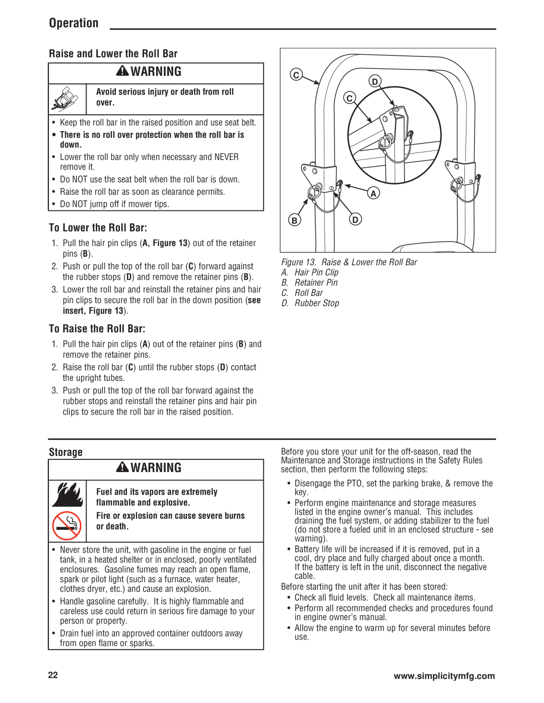 Simplicity 543777-0113-E1 Raise and Lower the Roll Bar, To Lower the Roll Bar, To Raise the Roll Bar, Storage, Operation 