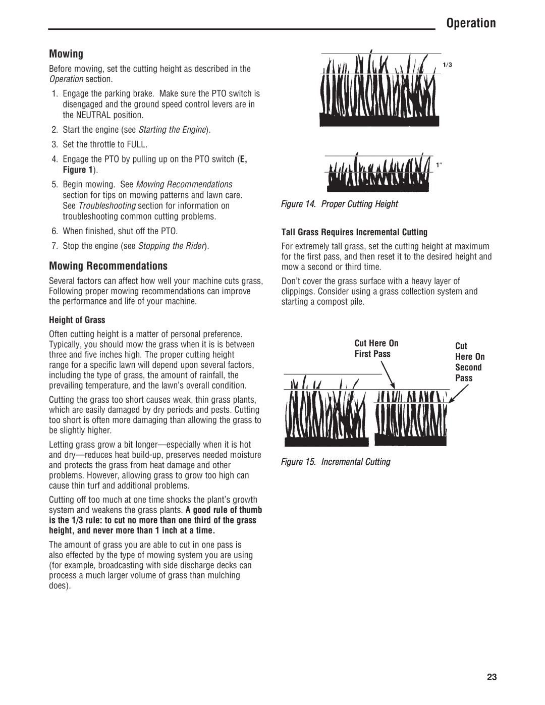 Simplicity 5101604 Mowing Recommendations, Operation, Height of Grass, Proper Cutting Height, Cut Here On, First Pass 