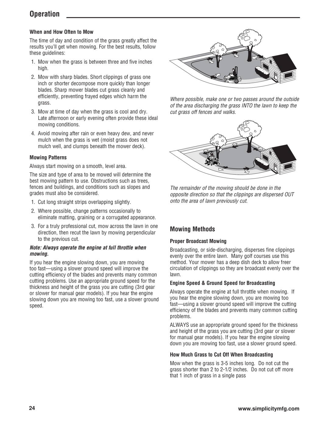 Simplicity 543777-0113-E1 Mowing Methods, Operation, When and How Often to Mow, Mowing Patterns, Proper Broadcast Mowing 