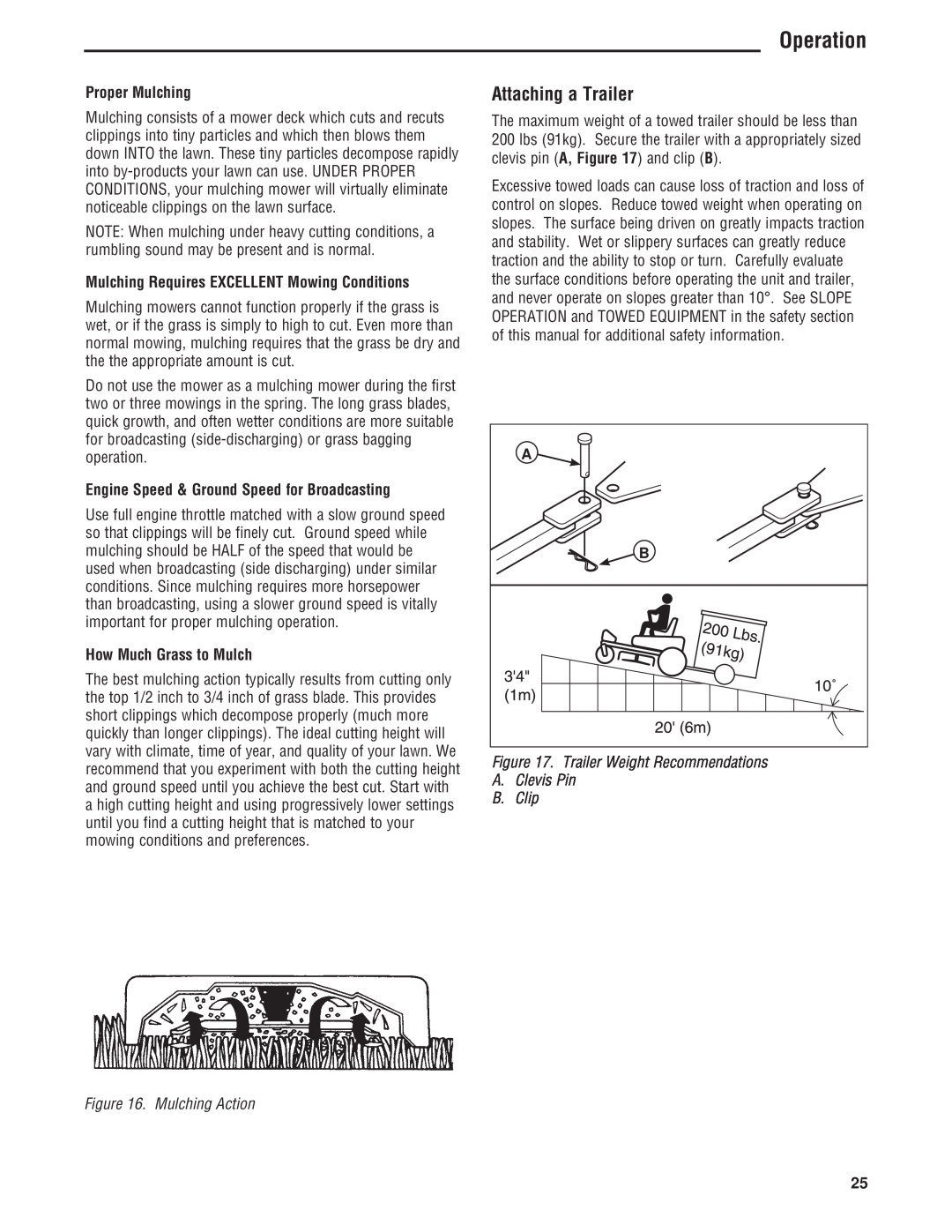 Simplicity 5101604 manual Attaching a Trailer, Operation, Proper Mulching, Mulching Requires EXCELLENT Mowing Conditions 