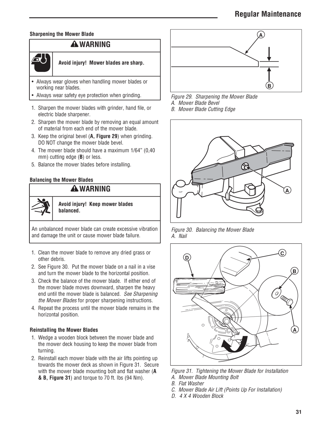 Simplicity 5101604, 543777-0113-E1 Regular Maintenance, Sharpening the Mower Blade, Avoid injury! Mower blades are sharp 