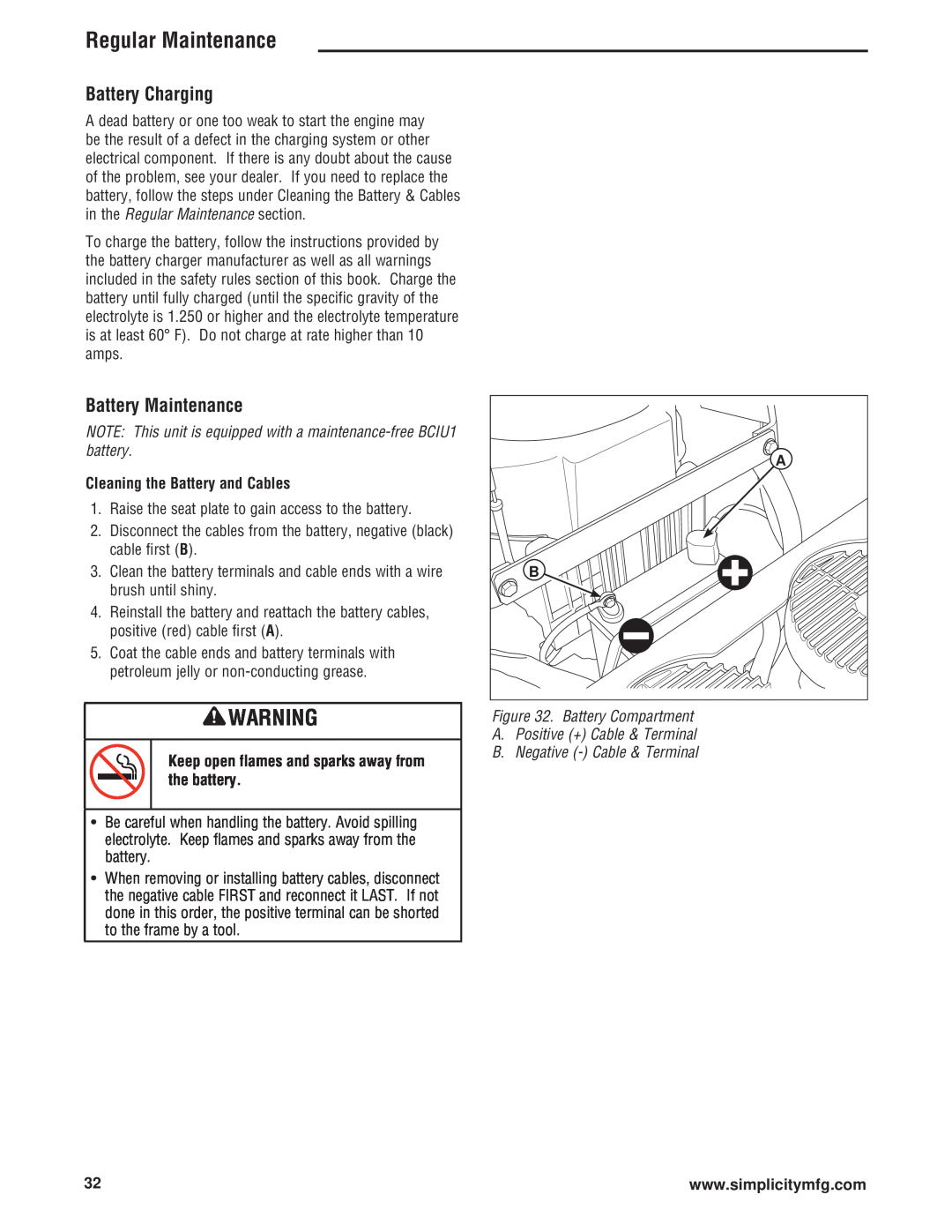 Simplicity 543777-0113-E1 Battery Charging, Battery Maintenance, Regular Maintenance, Cleaning the Battery and Cables 