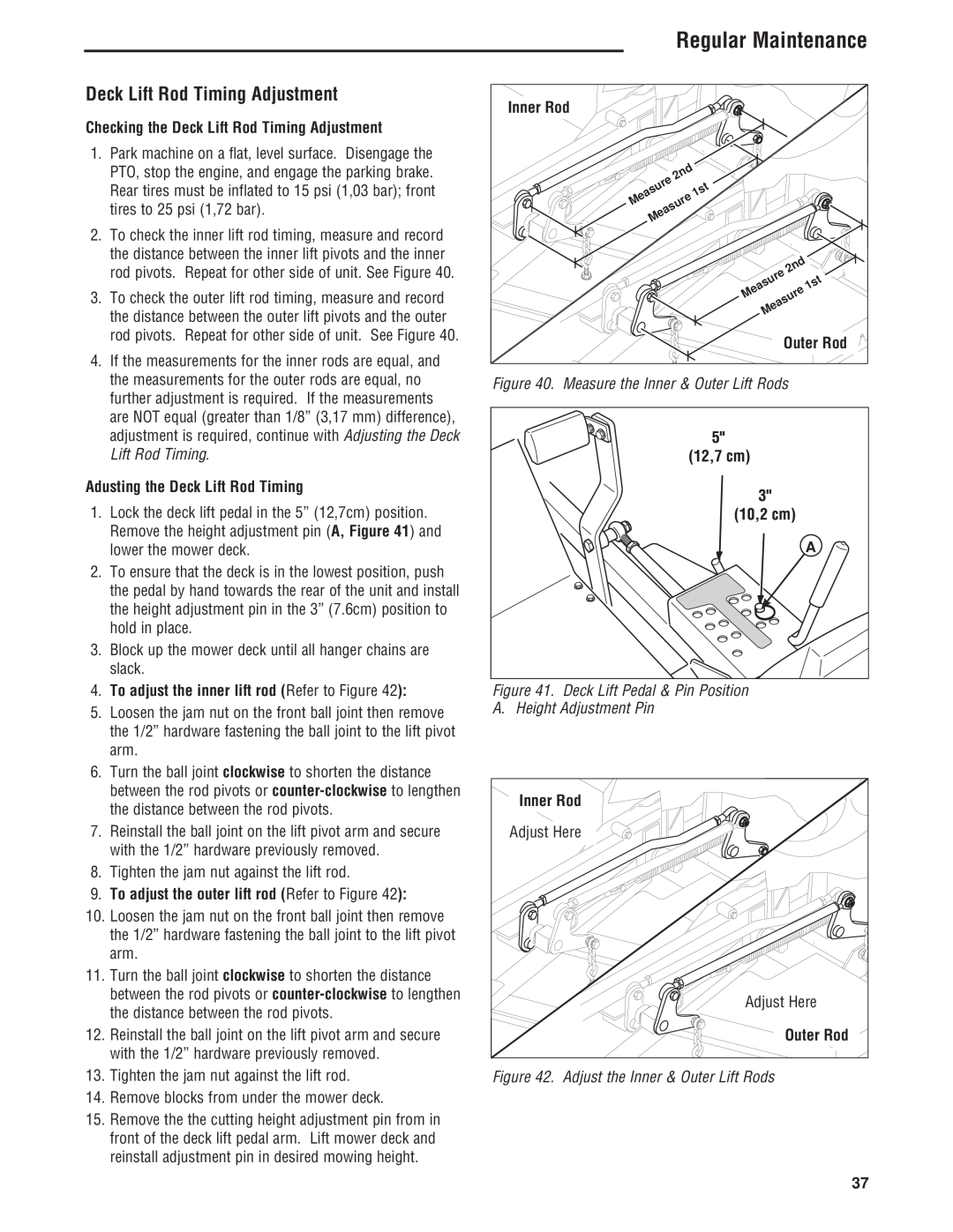 Simplicity 5101604 manual Regular Maintenance, Checking the Deck Lift Rod Timing Adjustment, Outer Rod, Inner Rod 