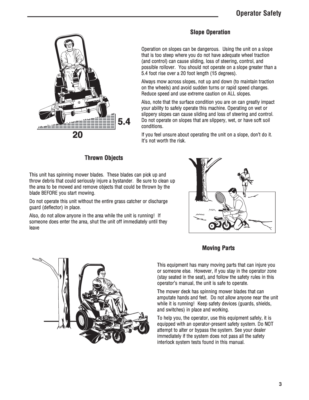 Simplicity 5101604, 543777-0113-E1 manual Slope Operation, Thrown Objects, Moving Parts, Operator Safety 