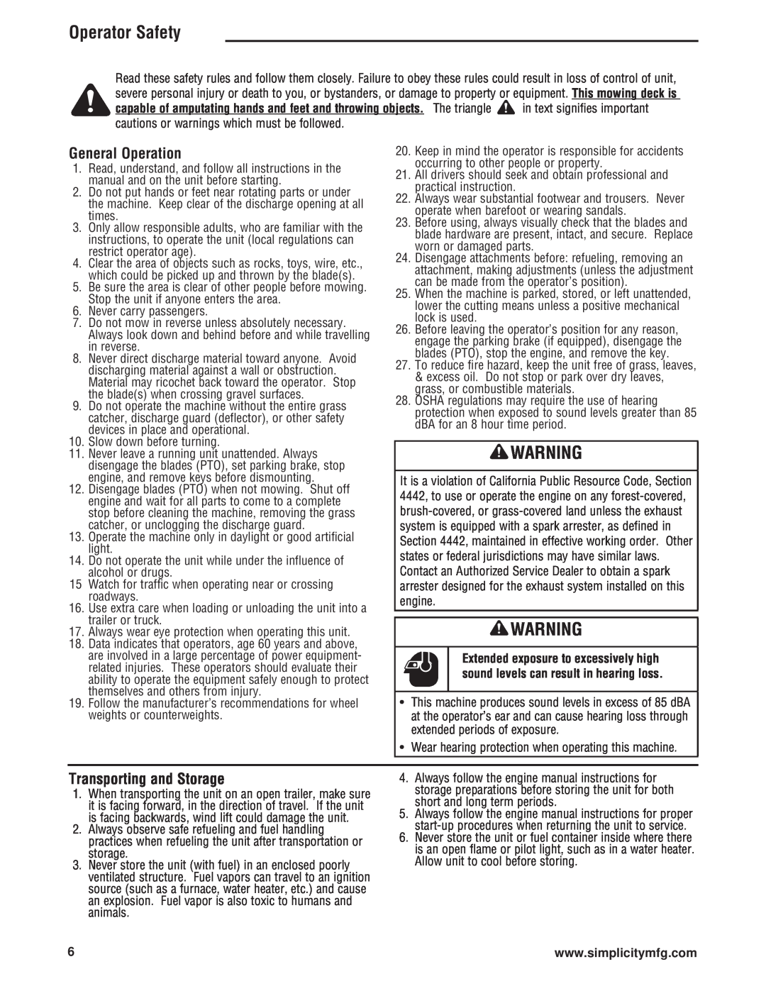 Simplicity 543777-0113-E1, 5101604 manual General Operation, Transporting and Storage, Operator Safety 