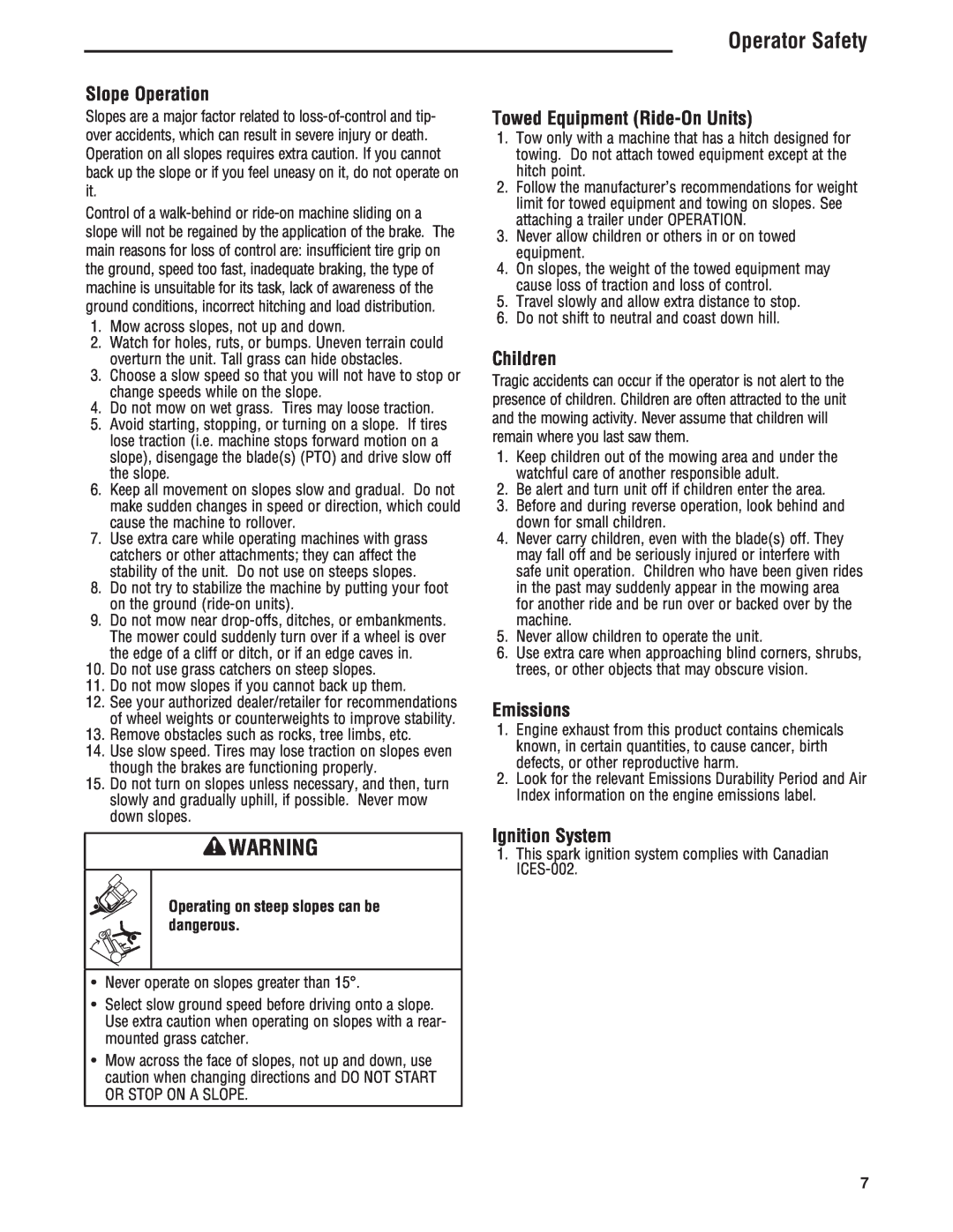 Simplicity 5101604 Towed Equipment Ride-On Units, Emissions, Ignition System, Operator Safety, Slope Operation, Children 