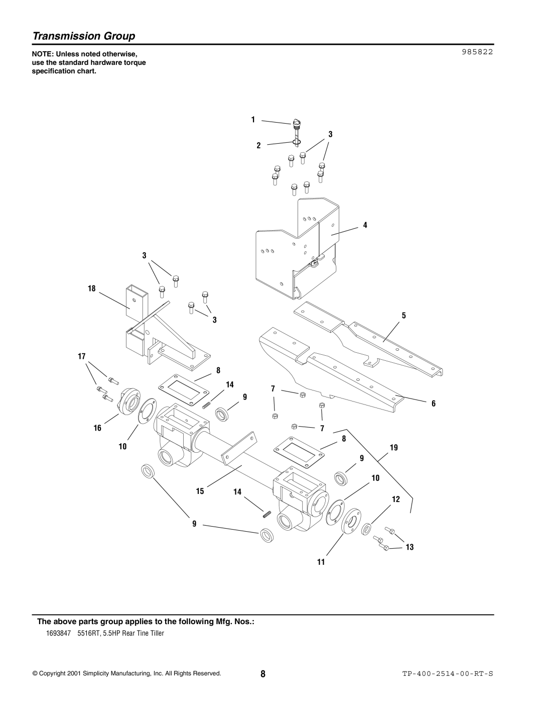 Simplicity 5516RT manual Transmission Group, 985822 