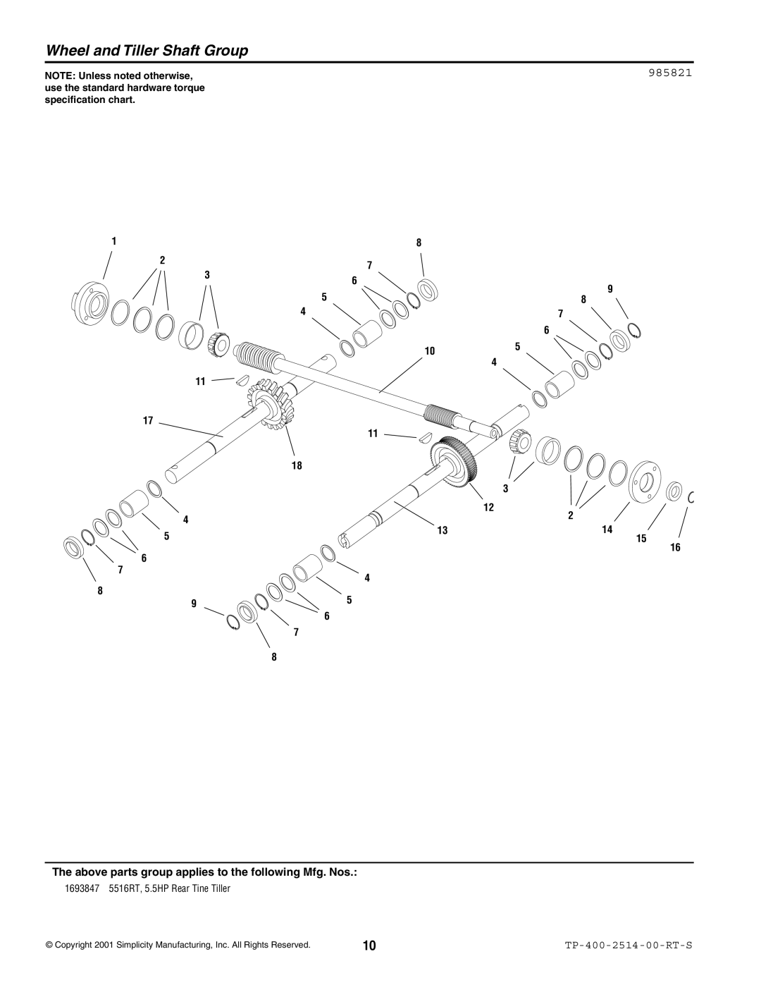 Simplicity 5516RT manual Wheel and Tiller Shaft Group, 985821 