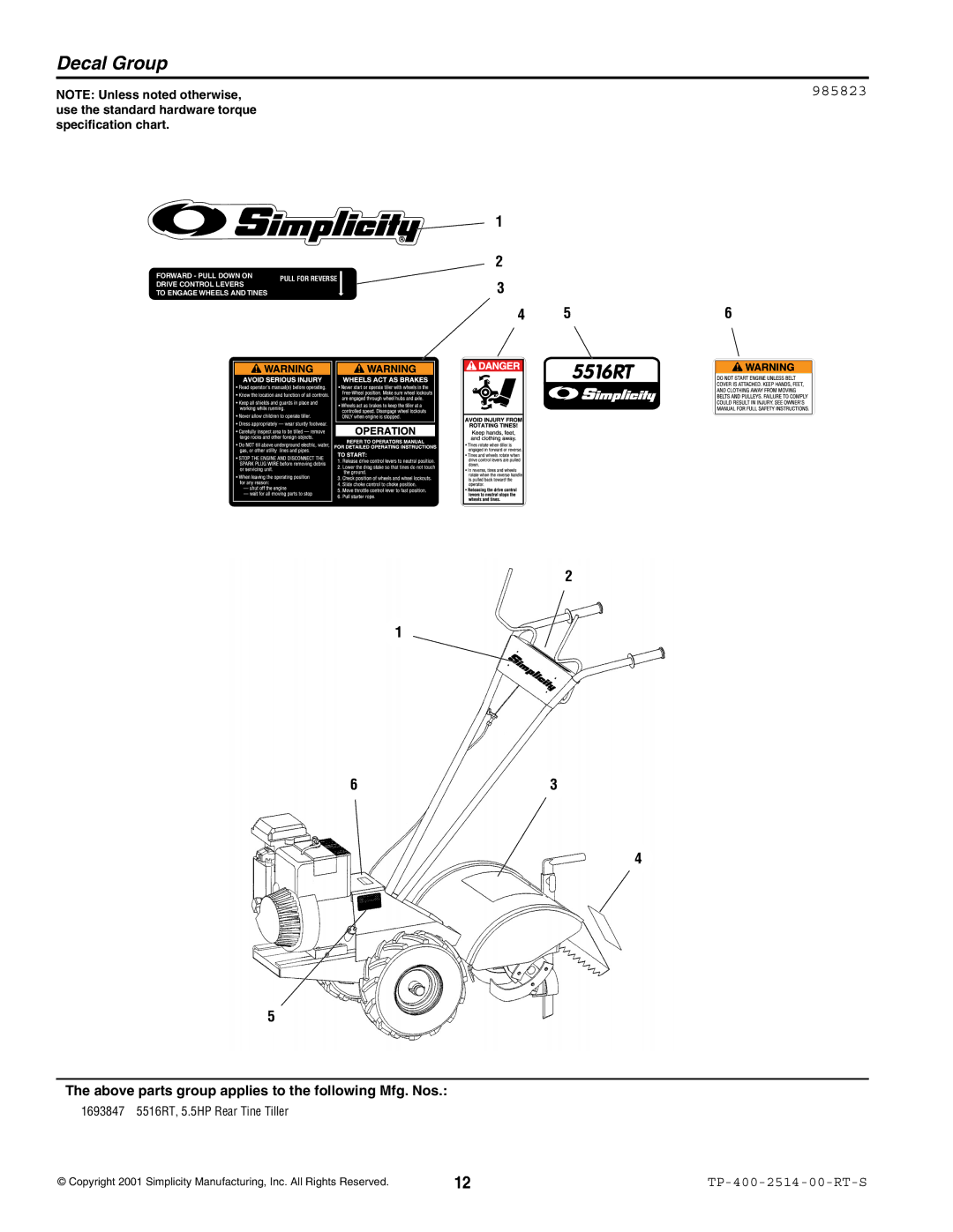 Simplicity 5516RT manual Decal Group, 985823 