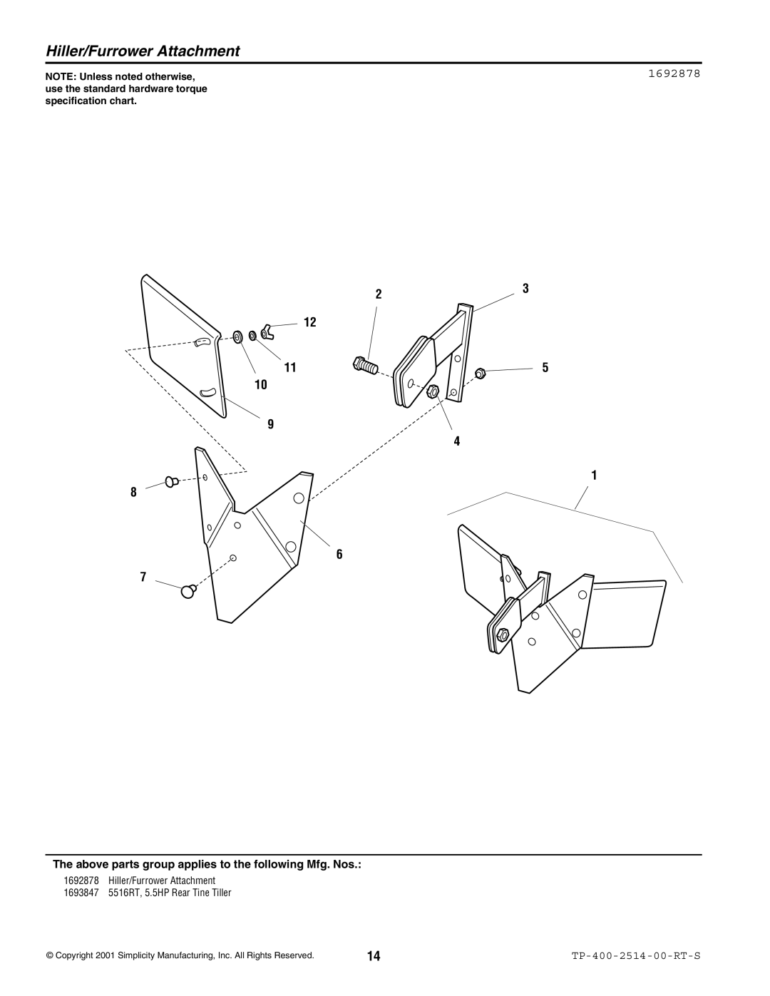 Simplicity 5516RT manual Hiller/Furrower Attachment, 1692878 