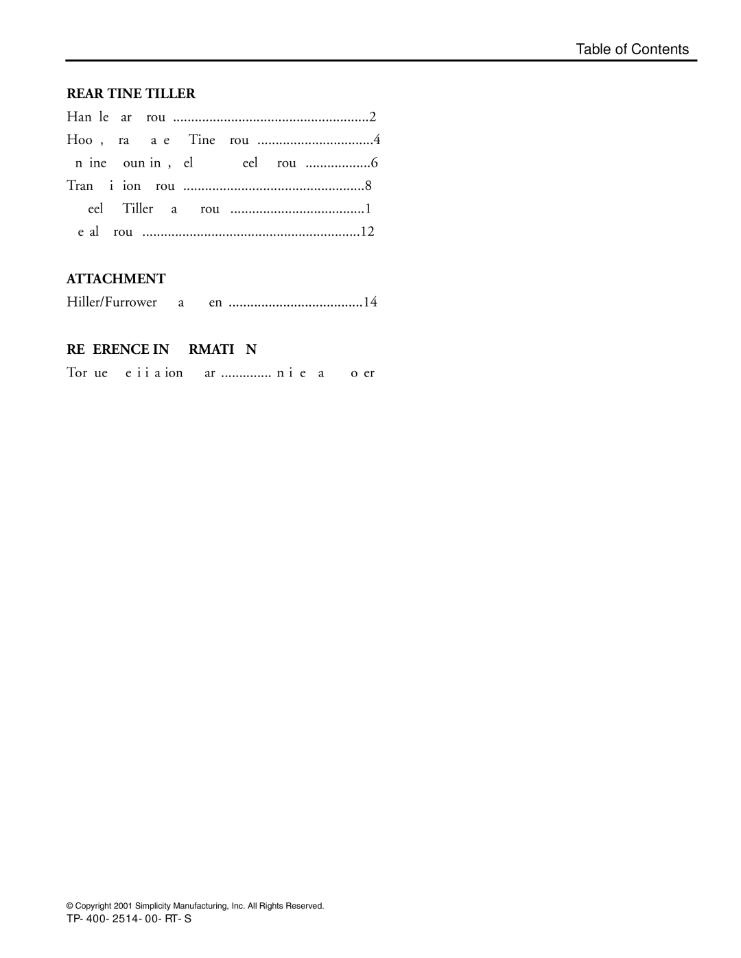 Simplicity 5516RT manual Table of Contents 