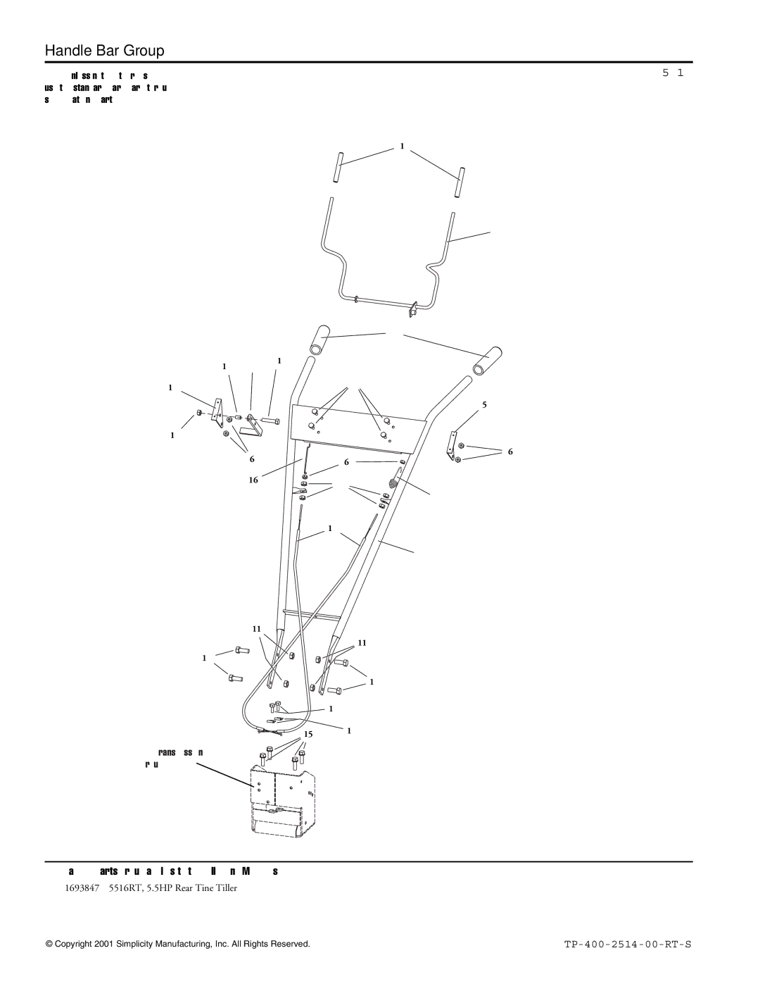 Simplicity 5516RT manual Handle Bar Group, 985818 