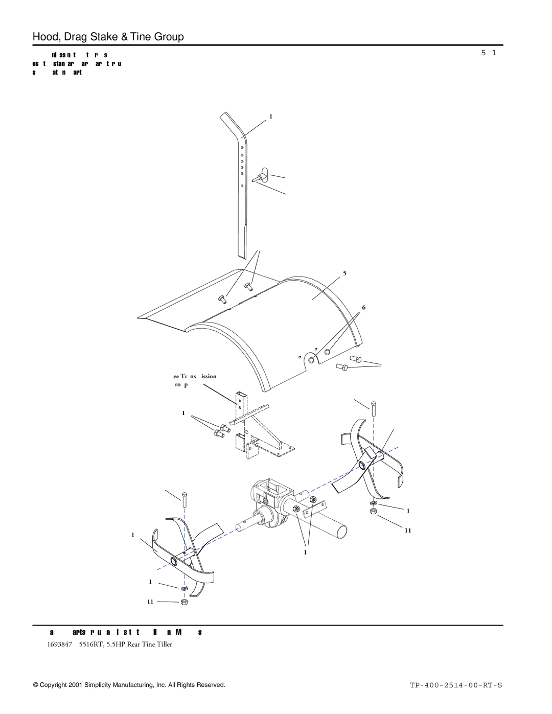 Simplicity 5516RT manual Hood, Drag Stake & Tine Group, 985819 