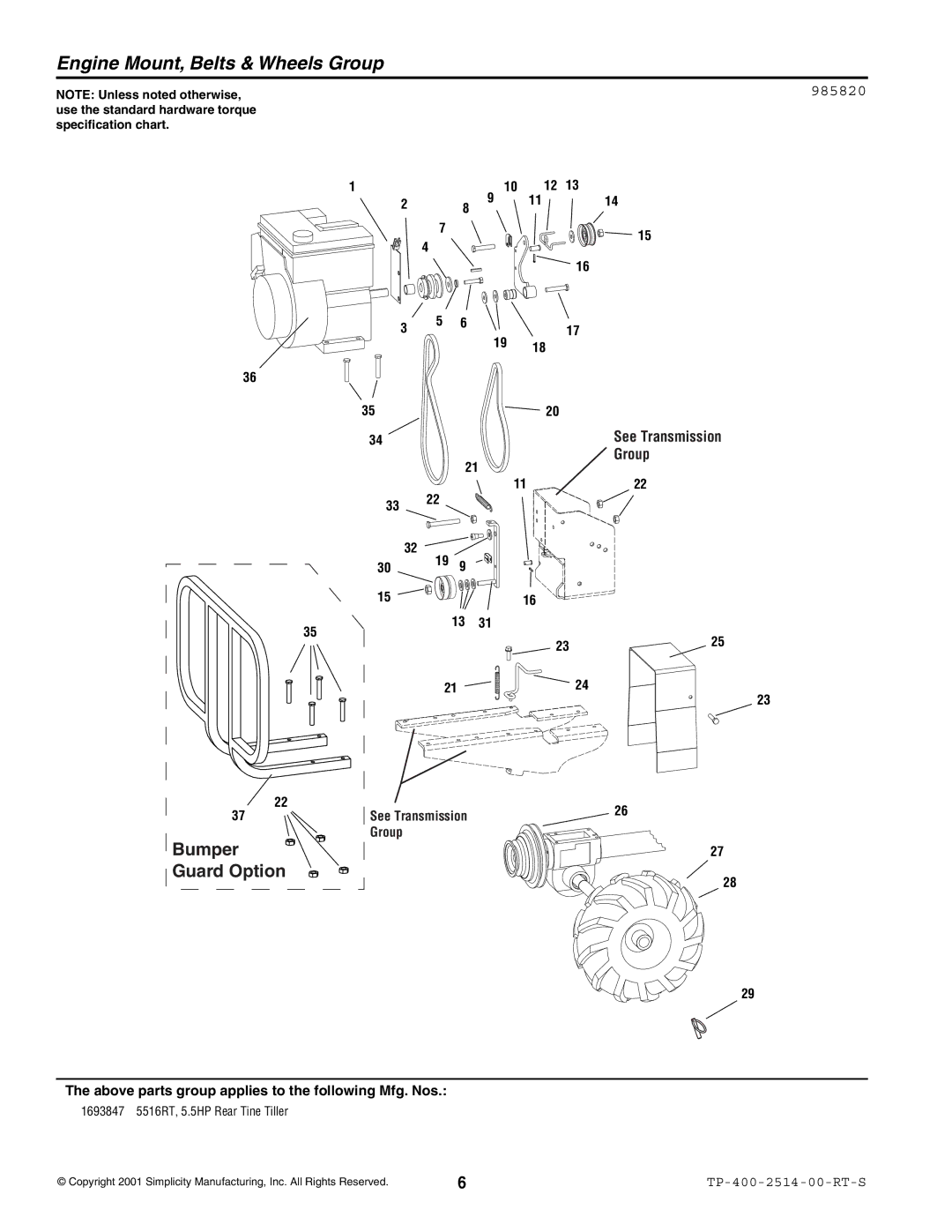 Simplicity 5516RT manual Engine Mount, Belts & Wheels Group, 985820 