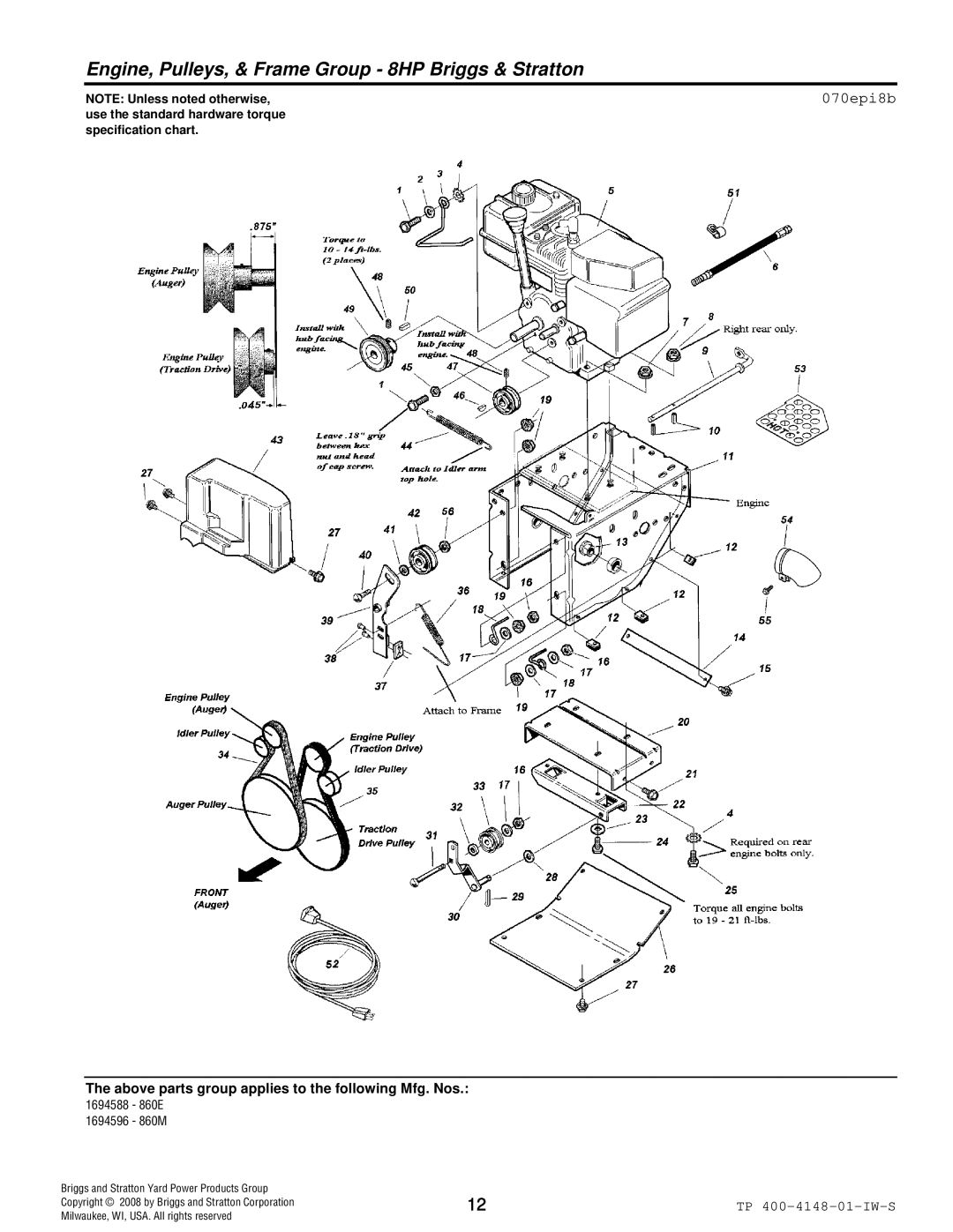 Simplicity 555M, 860E, 860M manual Engine, Pulleys, & Frame Group 8HP Briggs & Stratton, 070epi8b 