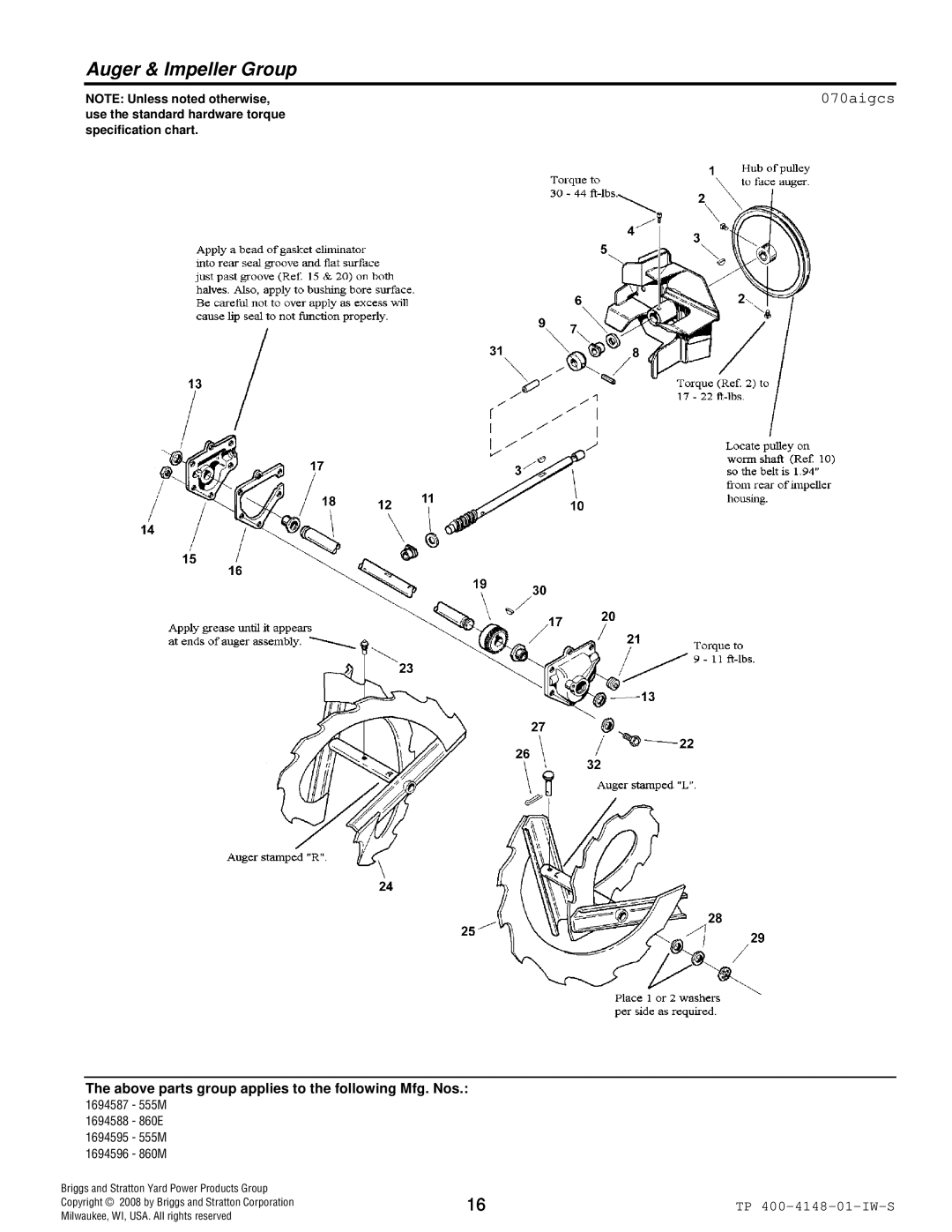 Simplicity 860E, 555M, 860M manual Auger & Impeller Group, 070aigcs 