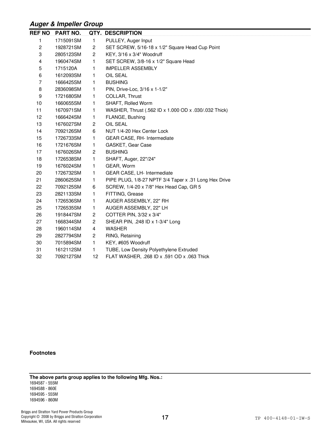 Simplicity 860M, 555M, 860E manual Impeller Assembly, OIL Seal, Bushing, Auger ASSEMBLY, 22 RH, Auger ASSEMBLY, 22 LH, Washer 