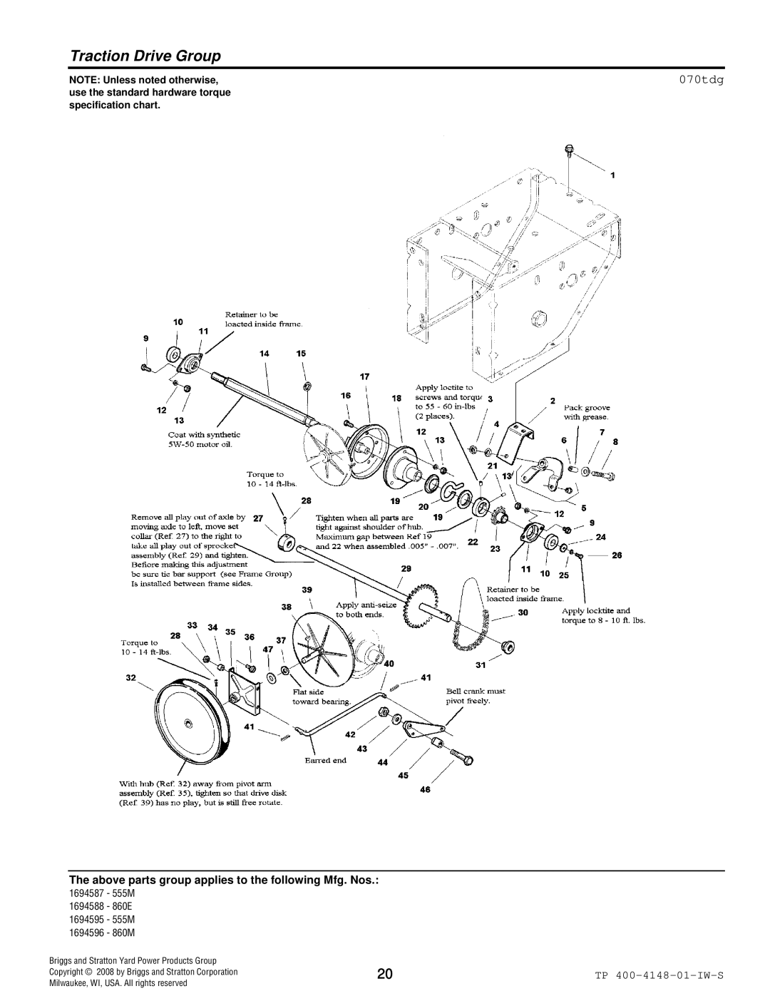 Simplicity 860M, 555M, 860E manual Traction Drive Group, 070tdg 