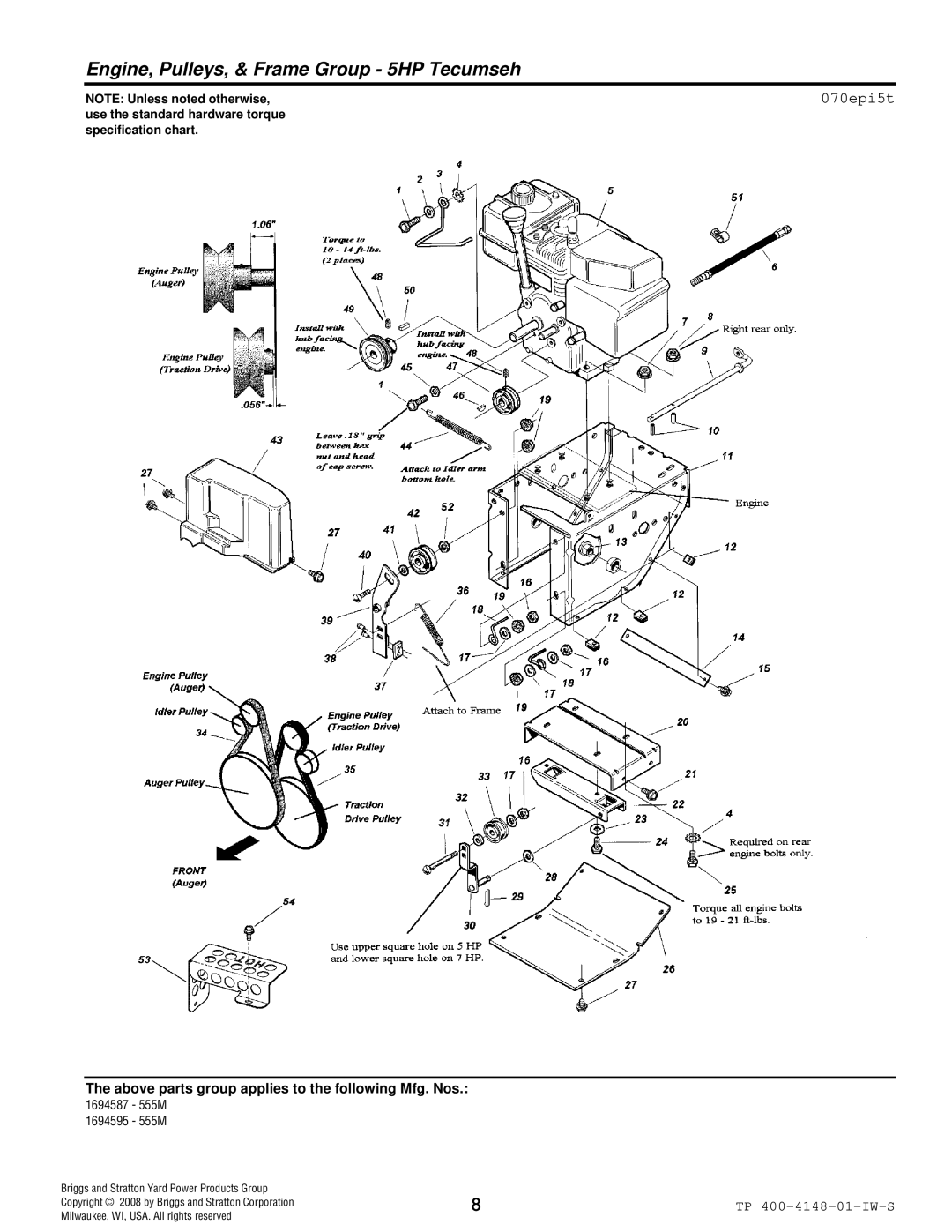 Simplicity 860M, 555M, 860E manual Engine, Pulleys, & Frame Group 5HP Tecumseh, 070epi5t 