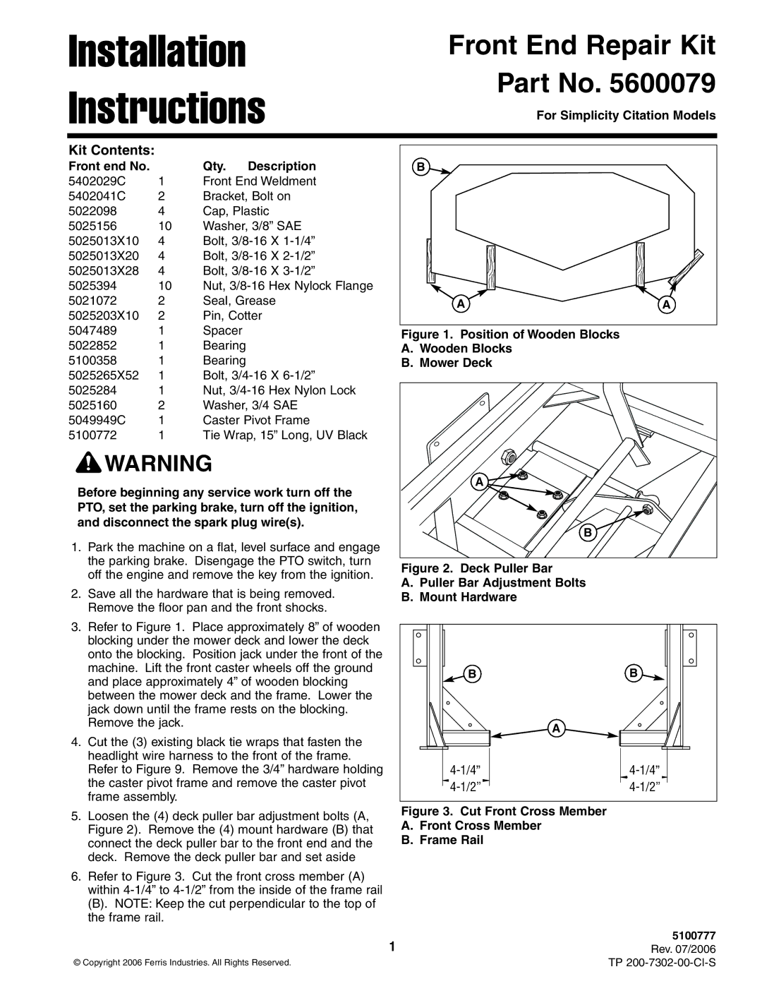 Simplicity 200-7302-00-CI-S, 5600079, 5100777 installation instructions Installation Instructions 