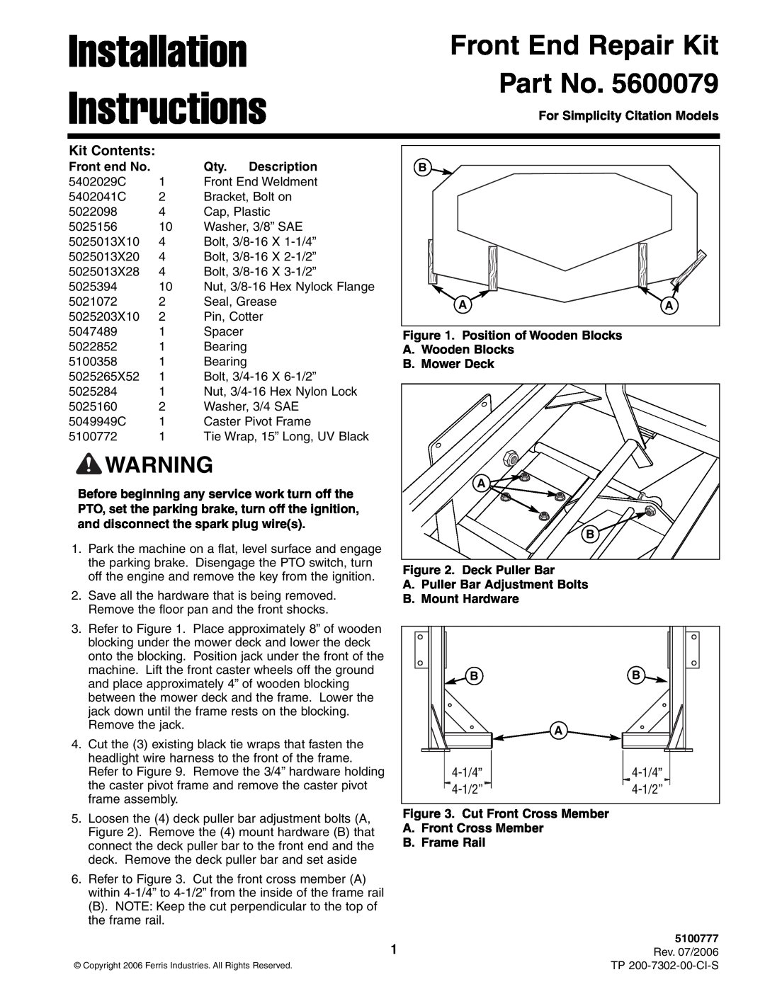 Simplicity 200-7302-00-CI-S, 5600079 installation instructions Installation Instructions, Front End Repair Kit Part No 