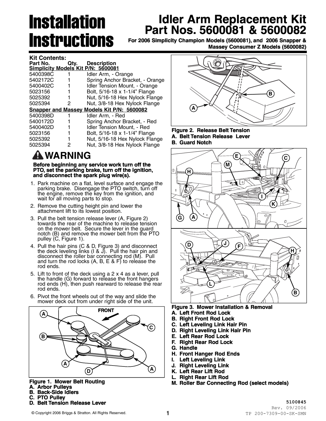 Simplicity 5600081 installation instructions Installation Instructions, Idler Arm Replacement Kit Part Nos, Kit Contents 