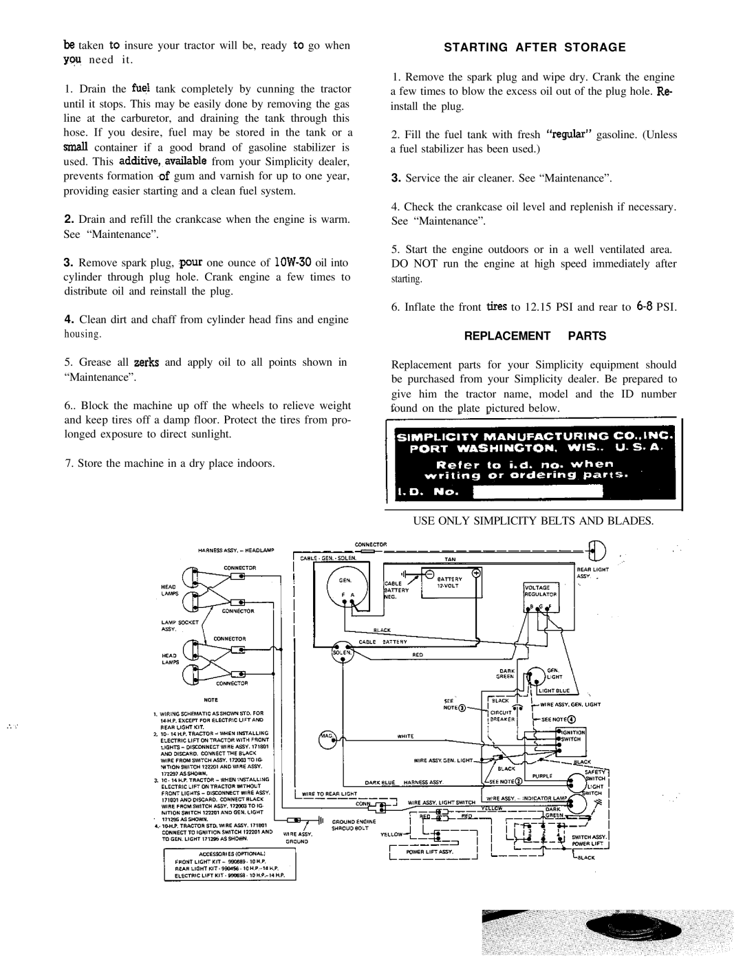 Simplicity 653, 654 manual Starting After Storage, Replacement Parts 